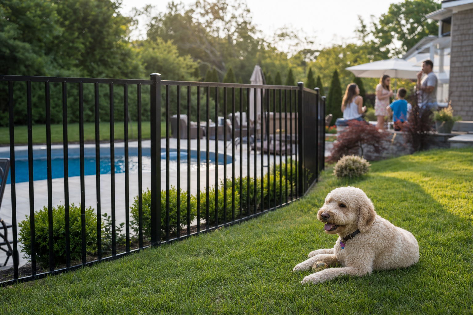 Aluminum fence separating a pool area from the yard