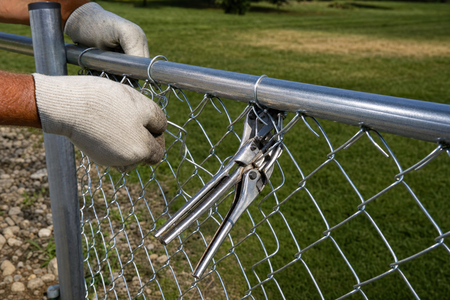 Tying chain link mesh to the top rail during installation