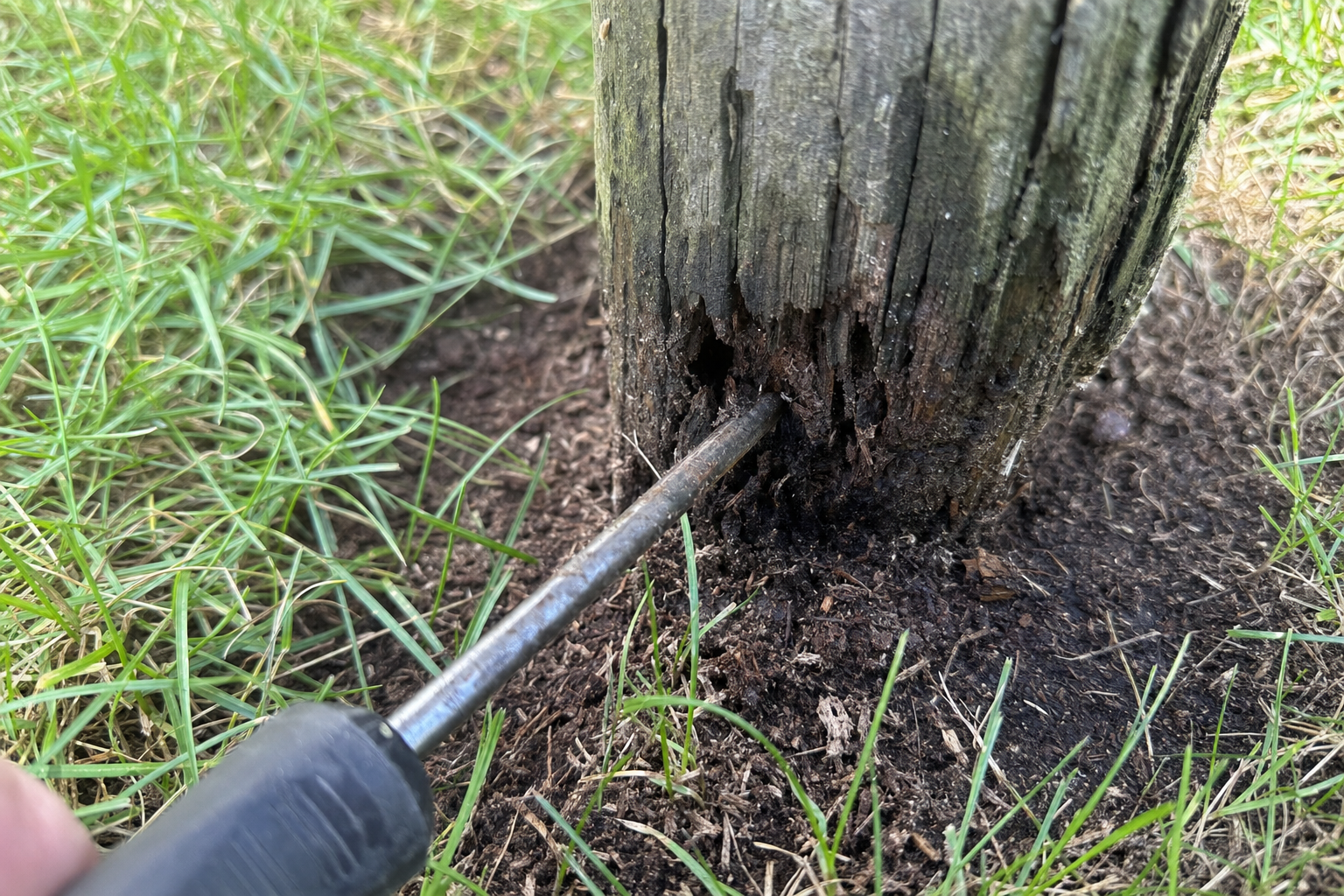 Rot at the base of a failed wood fence post