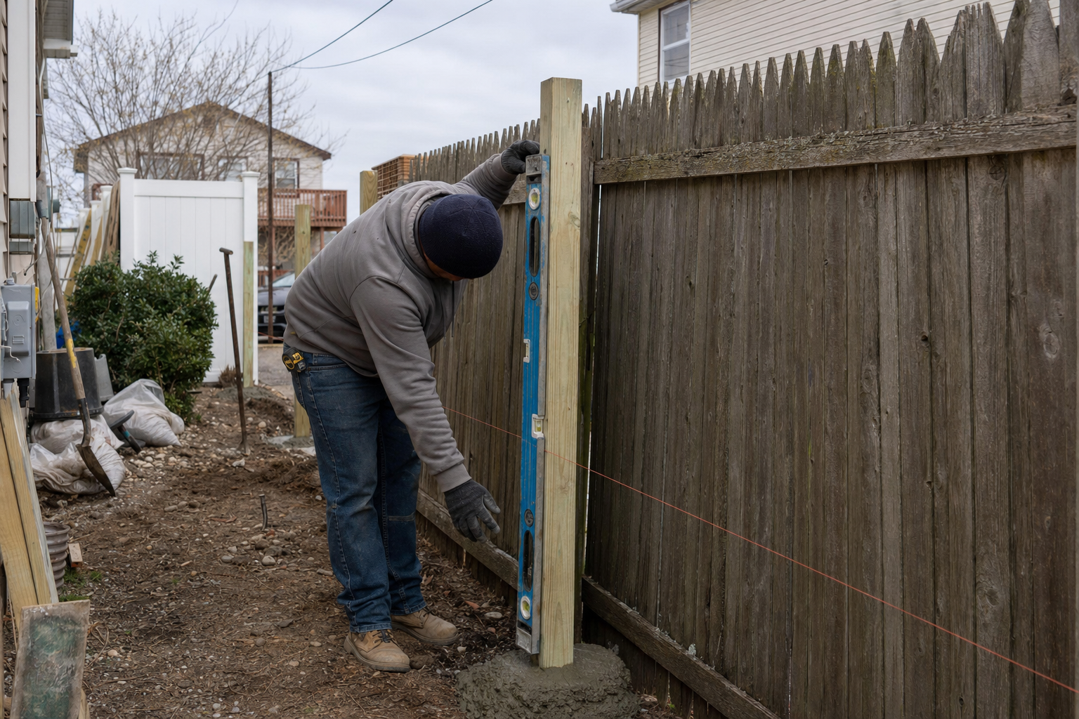Setting a new fence post to replace a storm-damaged section