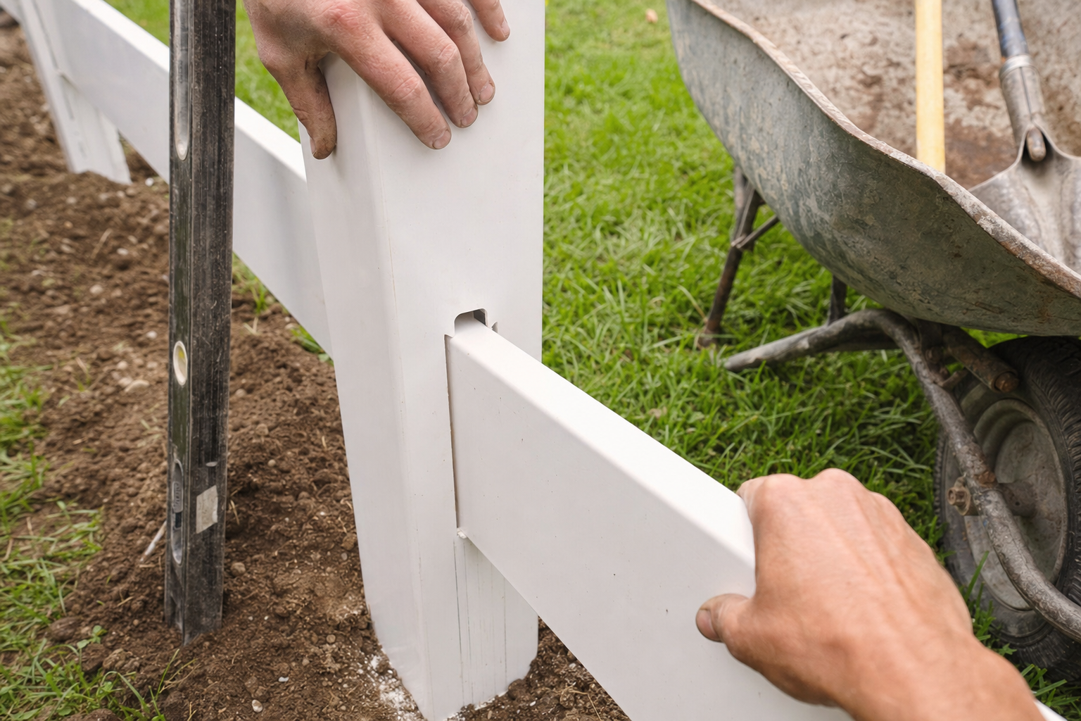 Installer fitting a vinyl fence rail into a post