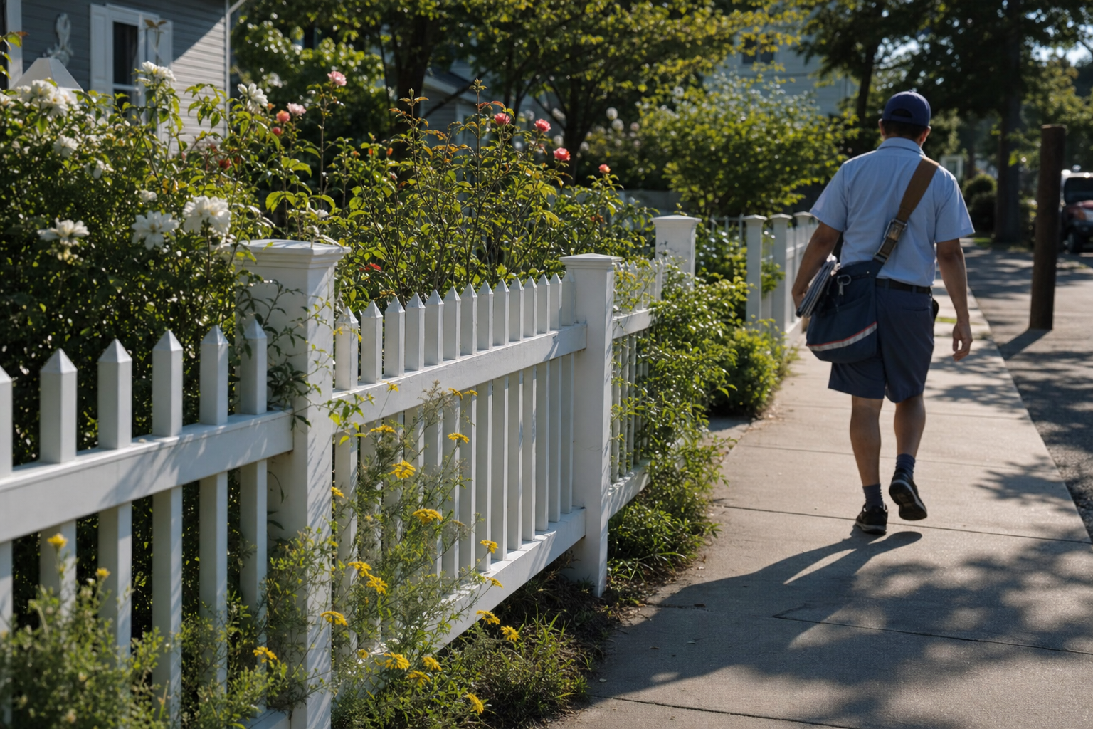 White vinyl picket fence along a Long Island front garden