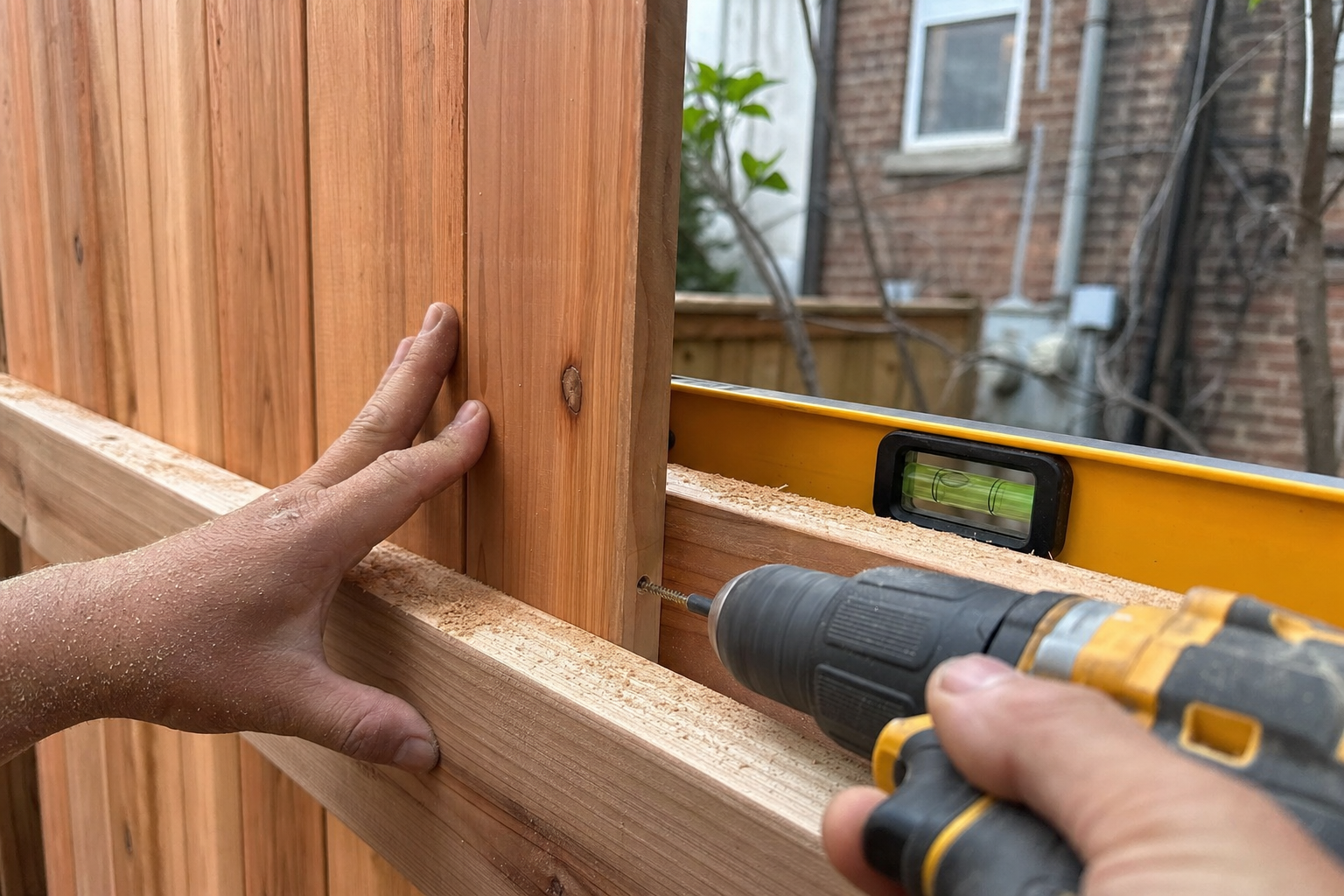 Fastening a cedar board during a wood fence installation