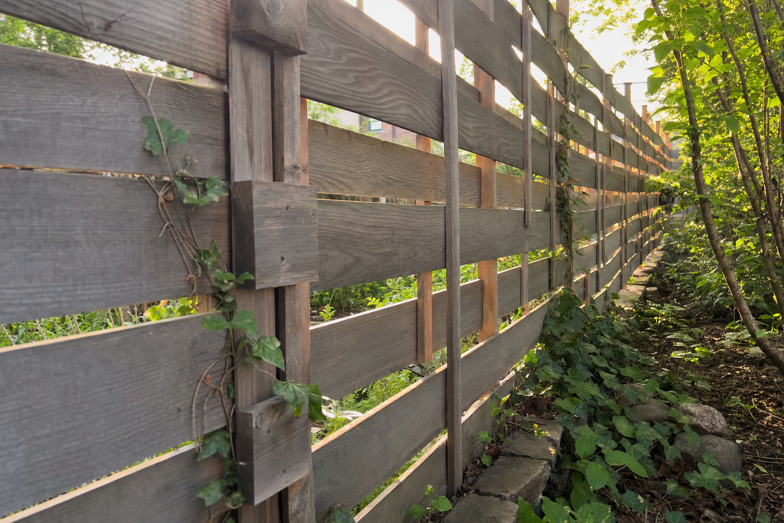 Shadowbox wood fence showing its two-sided design