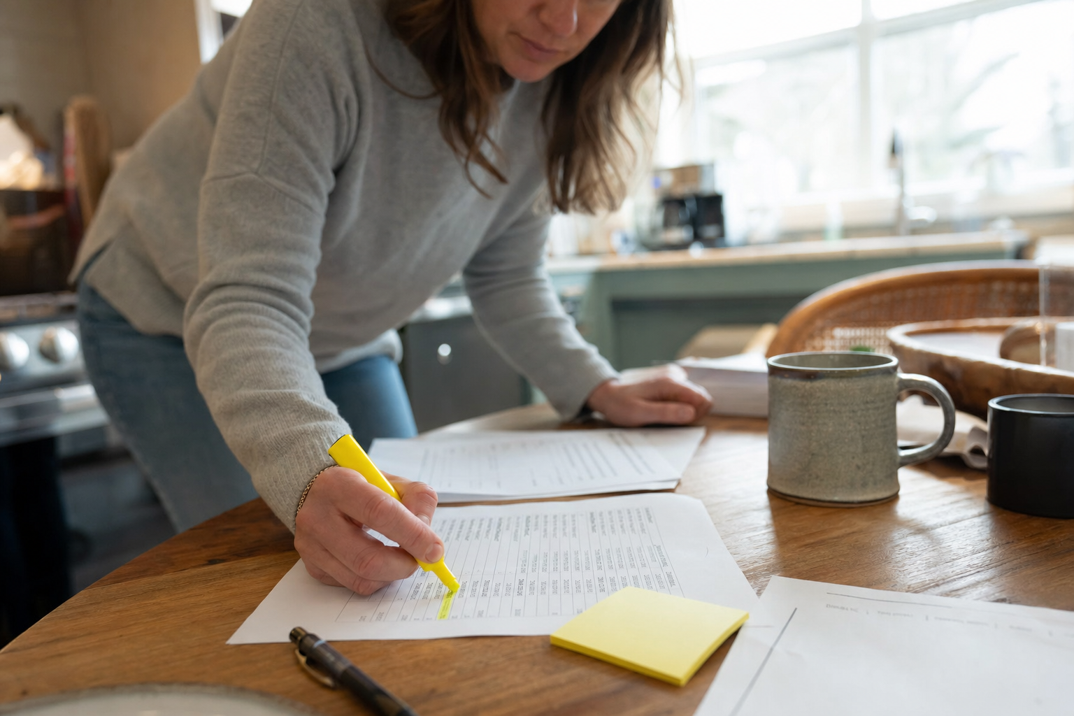 Homeowner reviewing a bathroom renovation estimate at a kitchen table