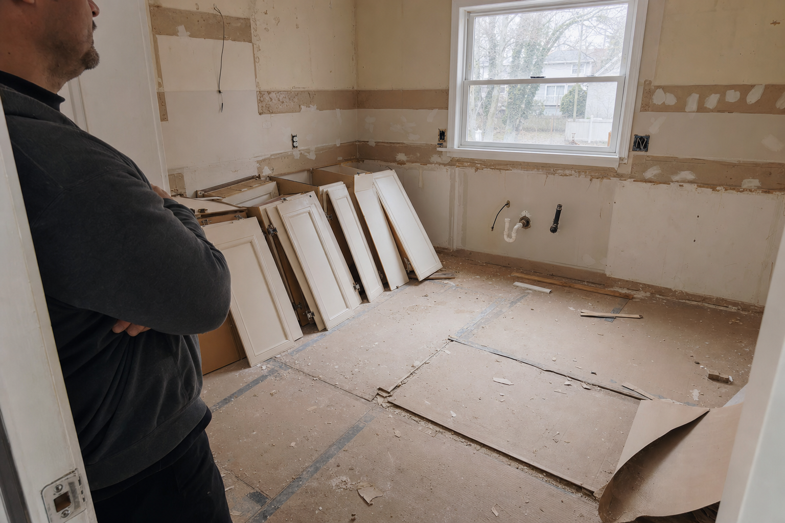 Contractor showing a homeowner structural framing plans in a partially-finished attic