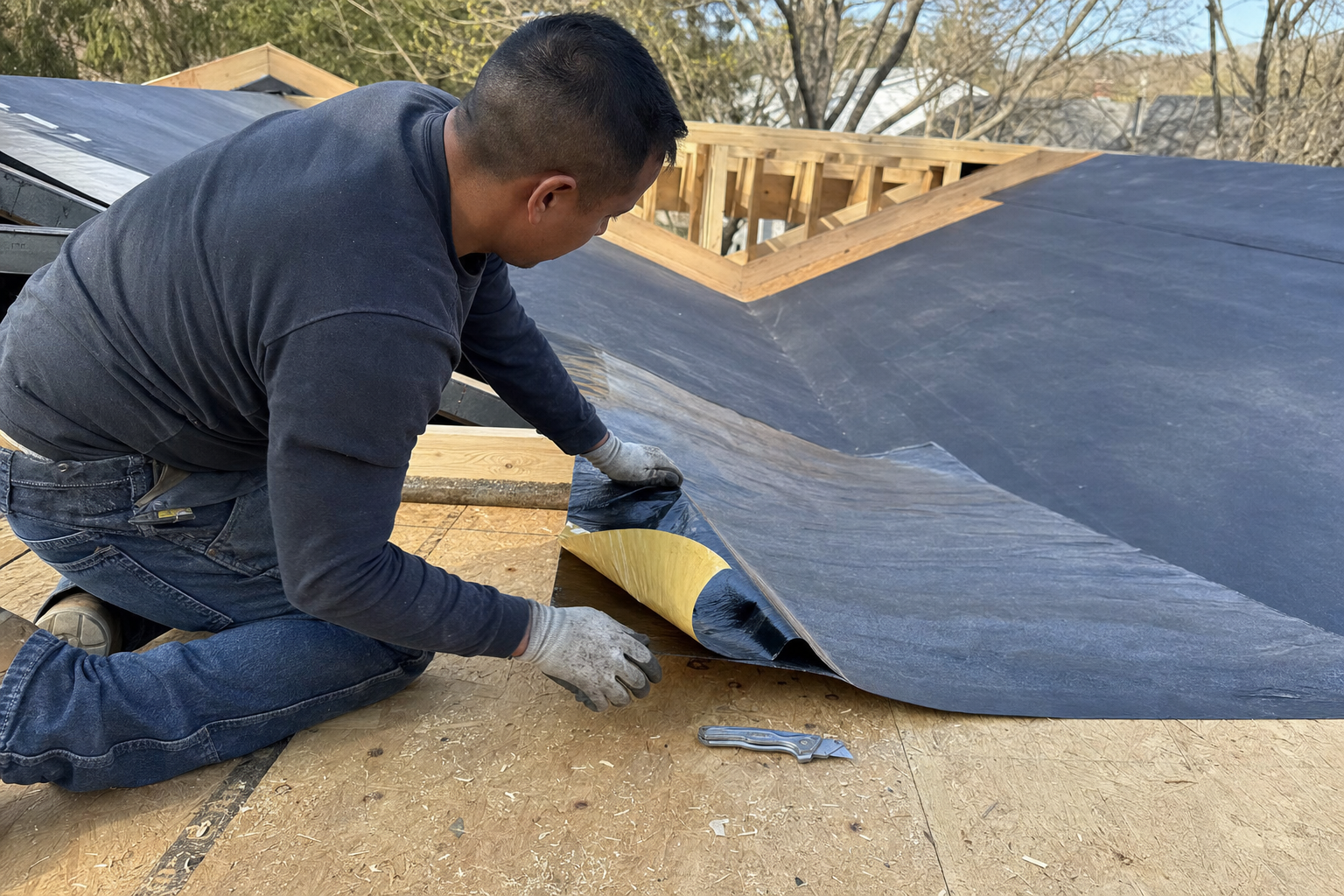 Roofer installing self-adhering ice and water barrier underlayment on a Long Island roof deck