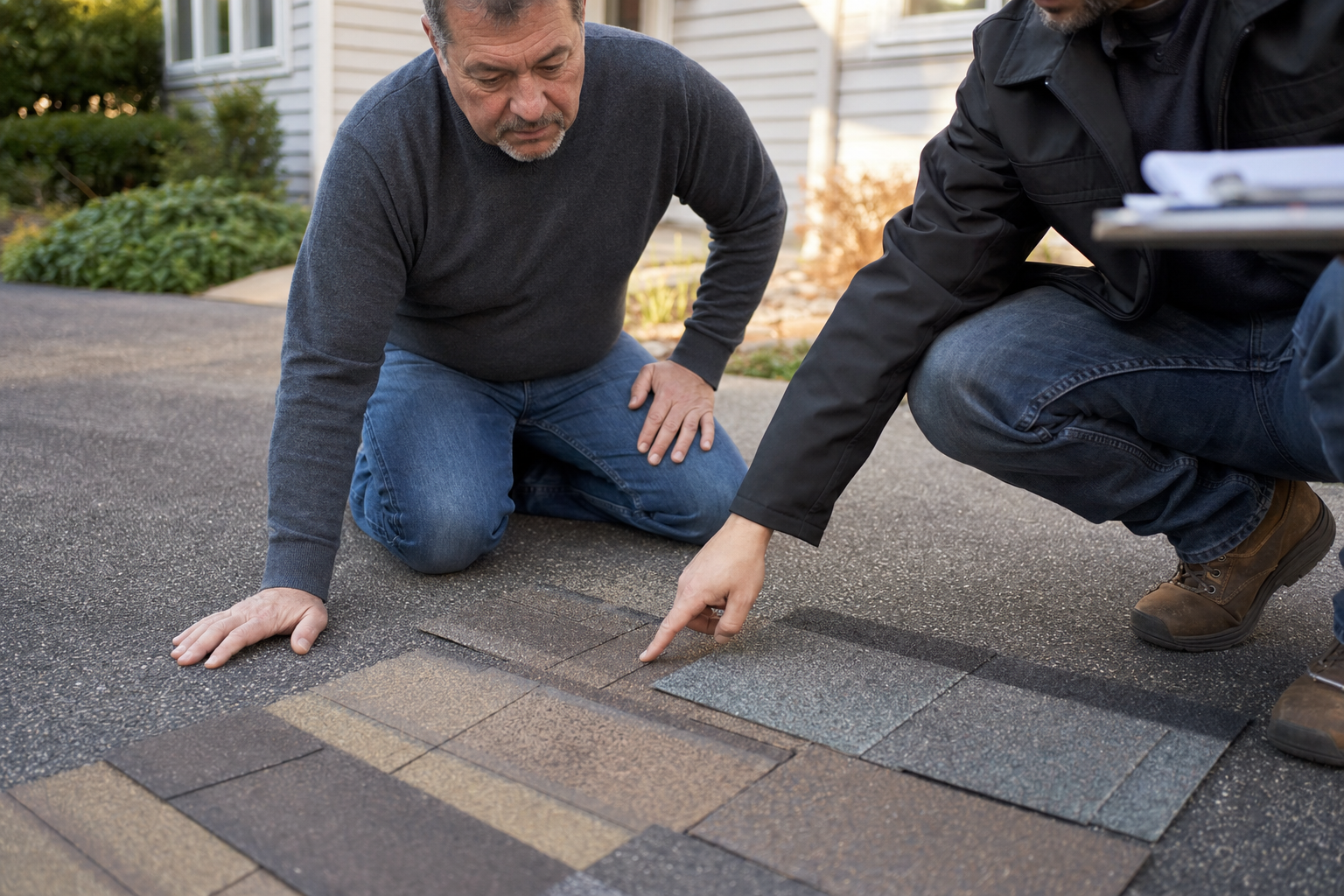 Homeowner and contractor reviewing asphalt shingle samples on a driveway in Babylon NY