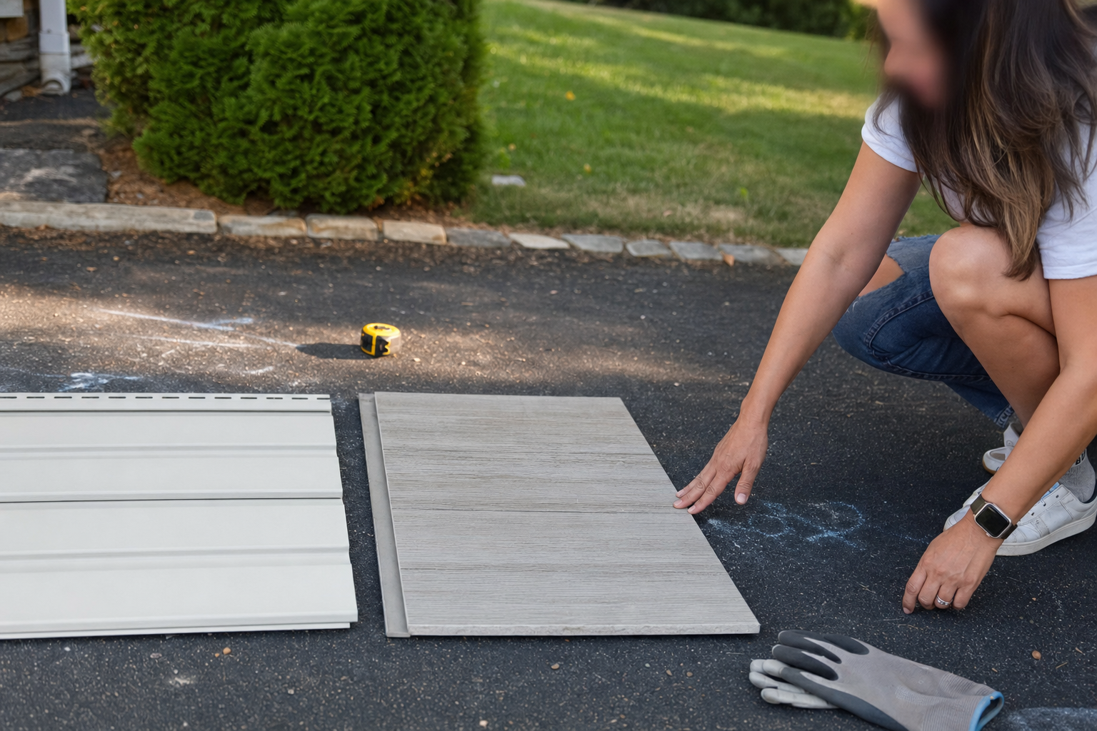 Homeowner comparing vinyl and fiber cement siding samples on a suburban Long Island driveway