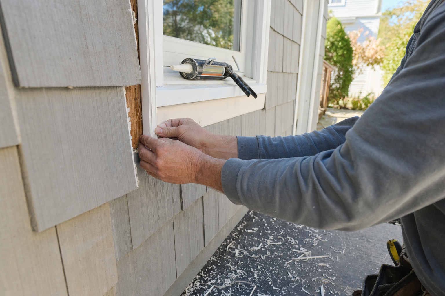 Contractor installing J-channel trim around a window opening during a siding job on a Long Island house