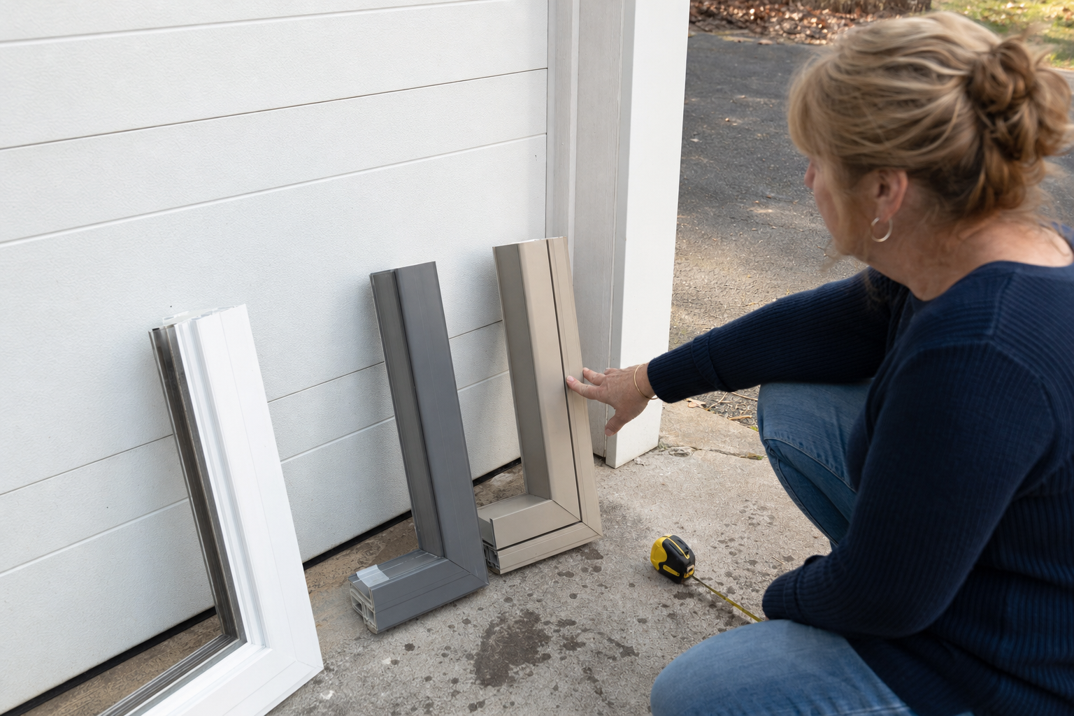 Homeowner comparing vinyl, fiberglass, and composite window frame samples on a Long Island driveway
