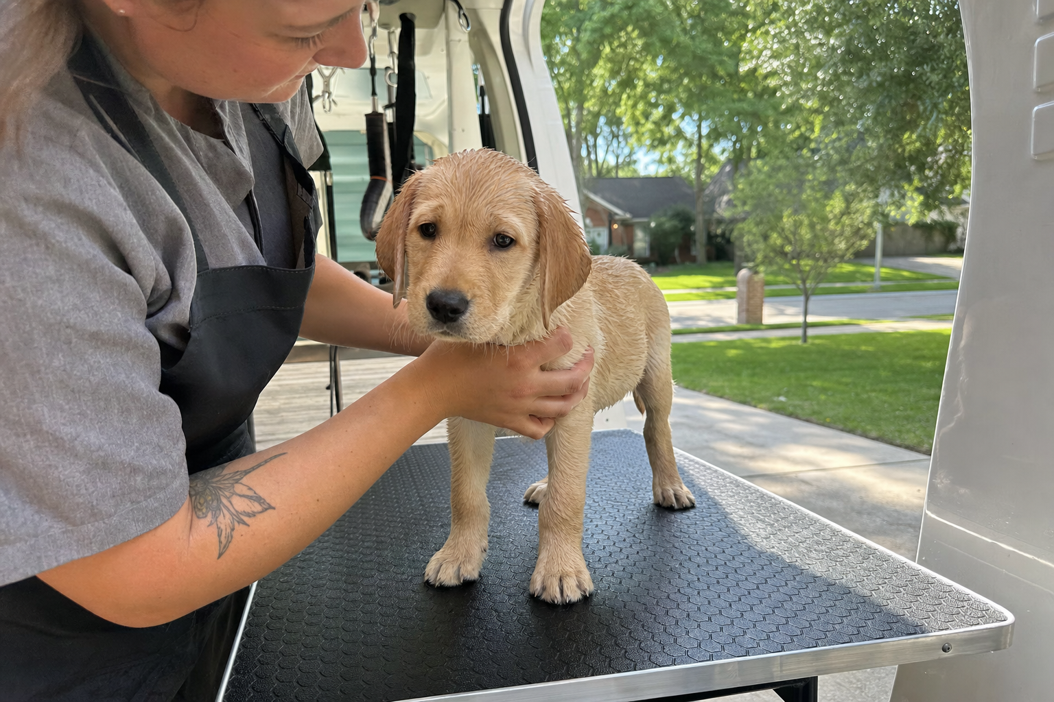 Professional groomer bathing a golden retriever inside a mobile grooming van
