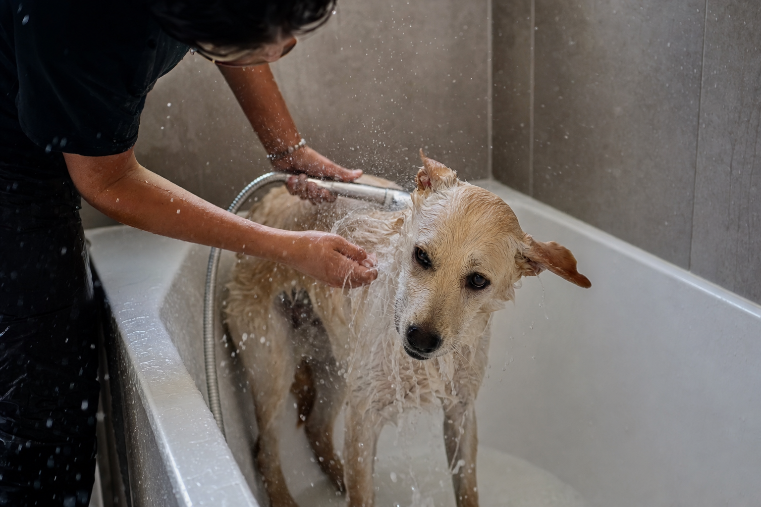Person attempting to bathe a dog at home in a bathtub with water splashed everywhere