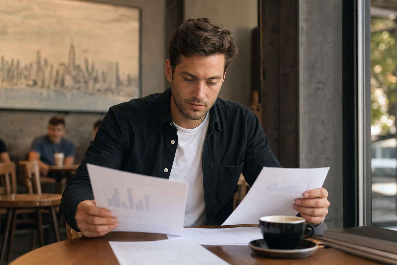 Entrepreneur comparing two business plan documents at a coffee shop table