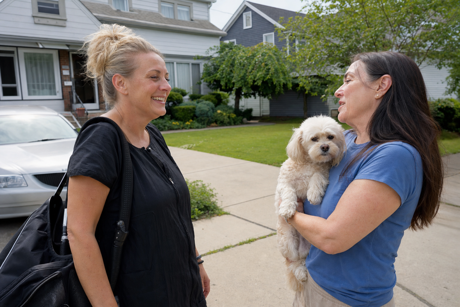 Groomer talking with a neighbor holding a small dog, natural neighborhood conversation after a mobile appointment
