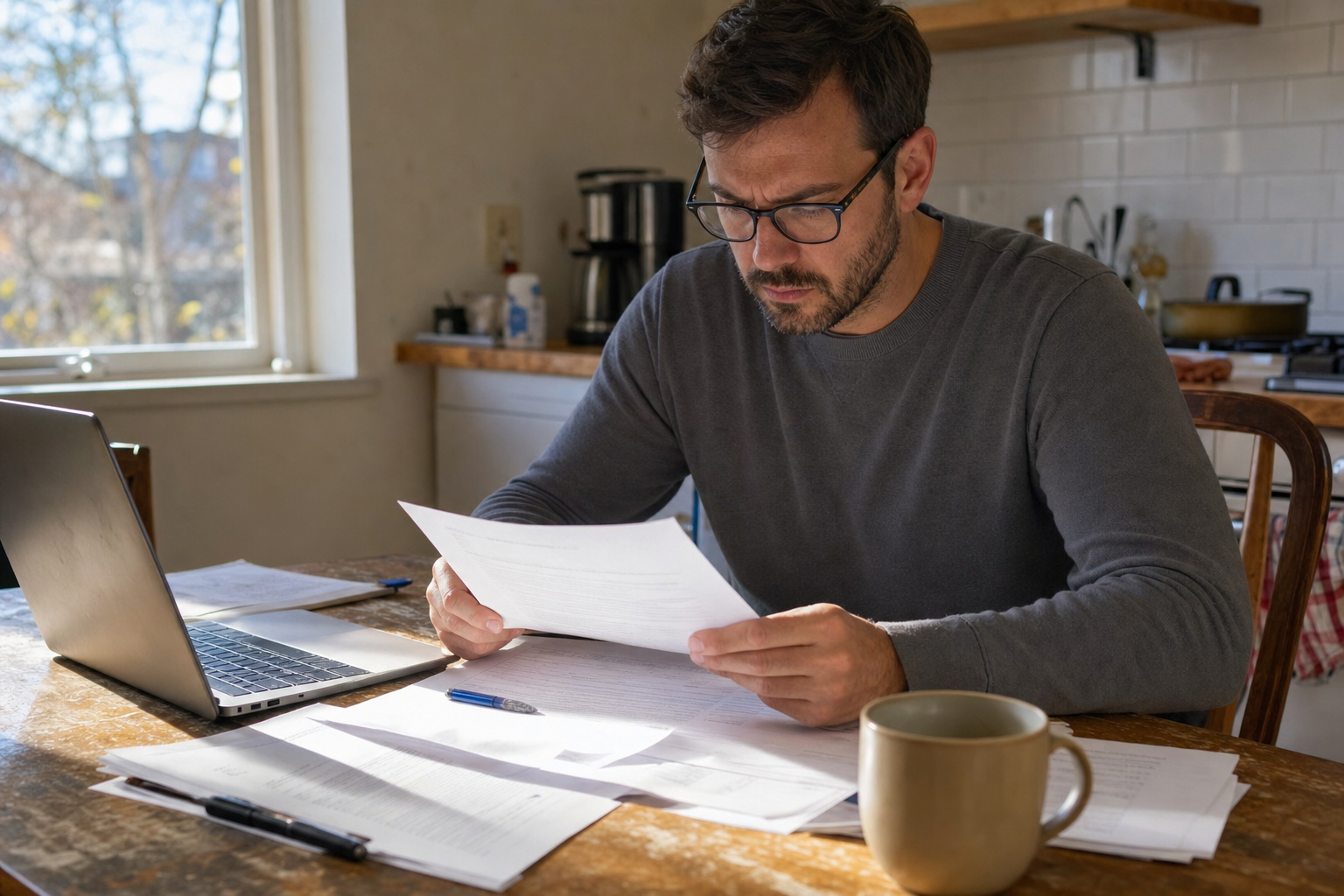 Person reviewing franchise financing documents at a kitchen table with morning coffee