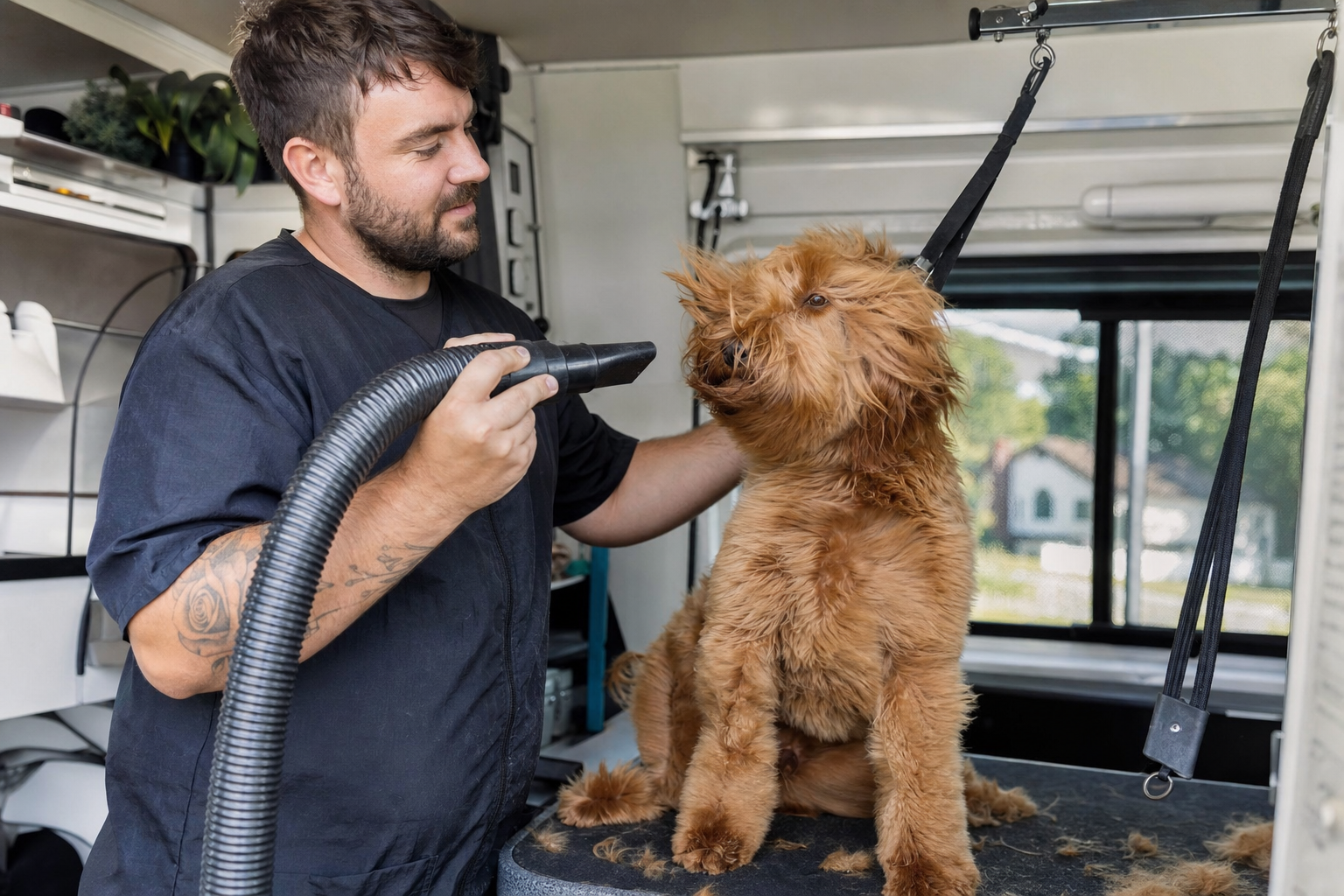 Groomer using a high-velocity dryer on a dog inside a mobile grooming van with equipment visible
