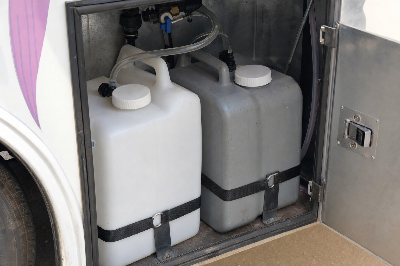 Close-up of fresh and gray water tanks inside a mobile grooming van utility cabinet