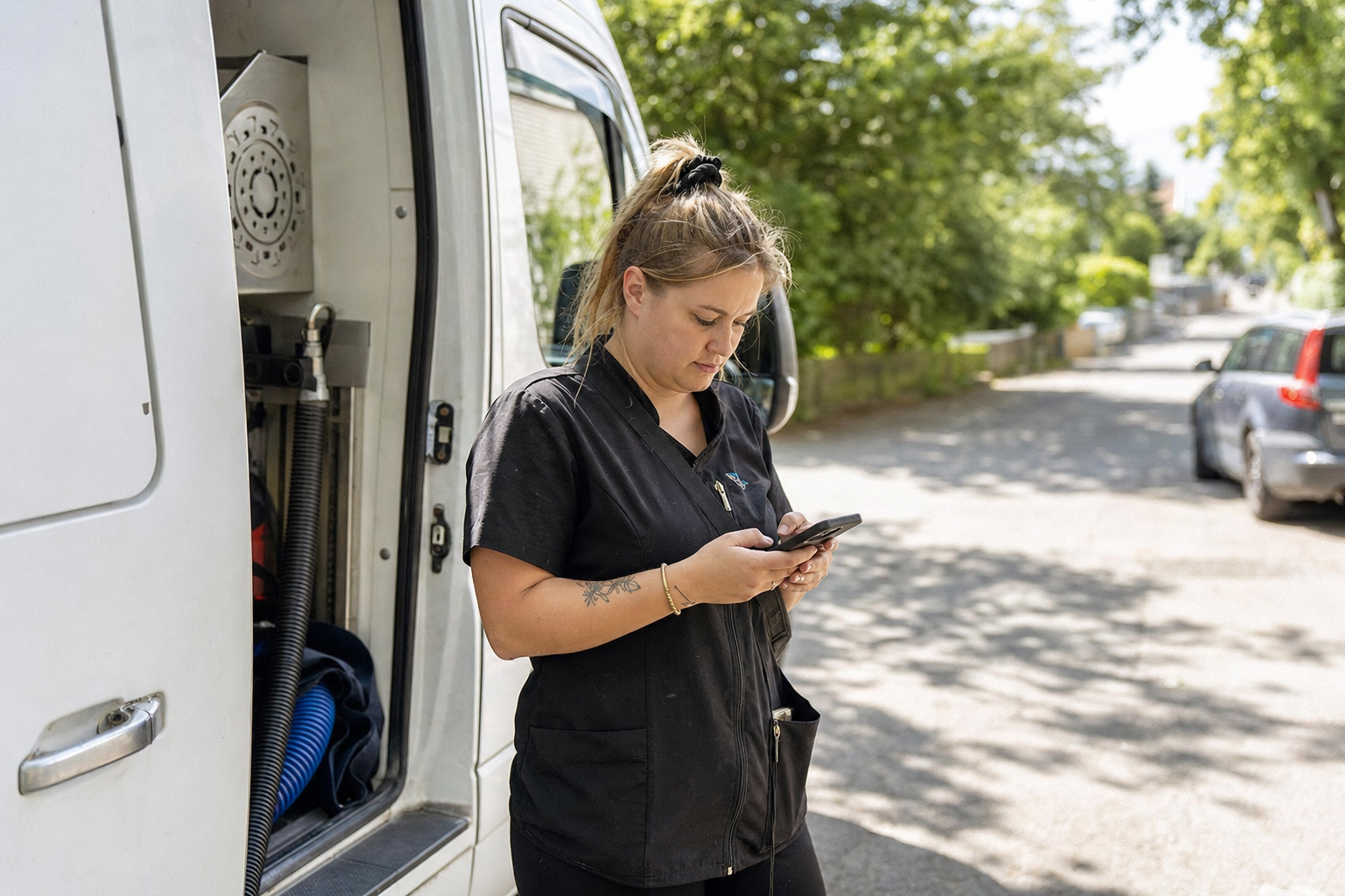 Groomer checking smartphone for next appointment stop, standing beside a mobile van on a residential street