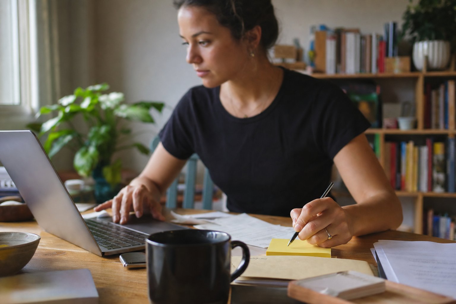 Business owner working at cluttered desk with laptop and sticky notes, building marketing automation workflow