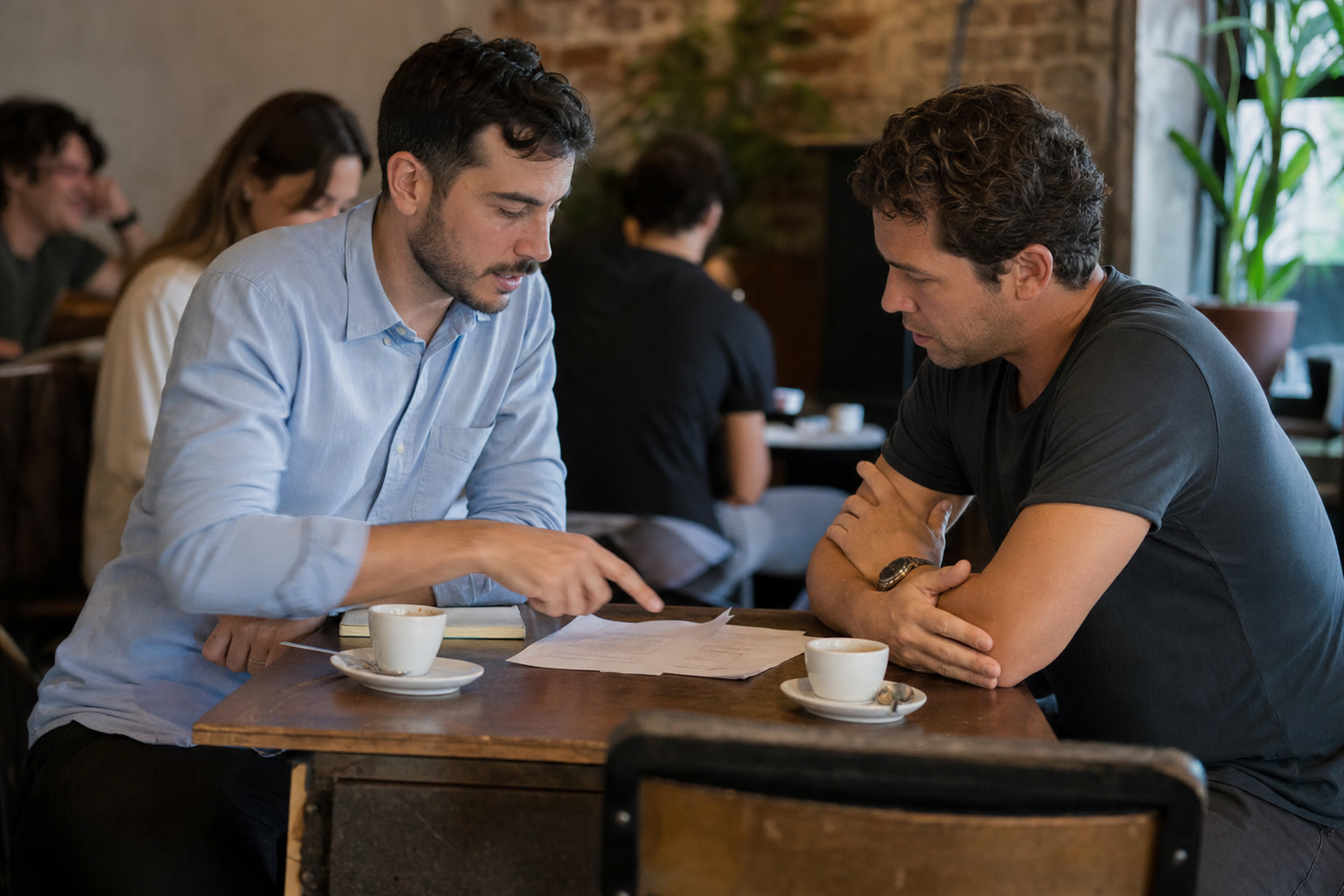 Two business owners reviewing marketing workflow plans at a café table