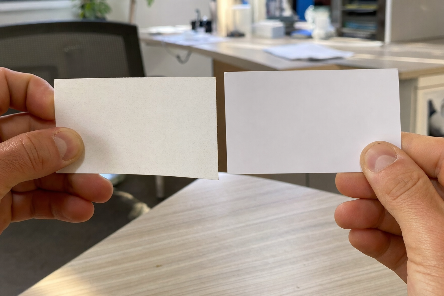 Two business cards being compared side by side showing inconsistent brand quality
