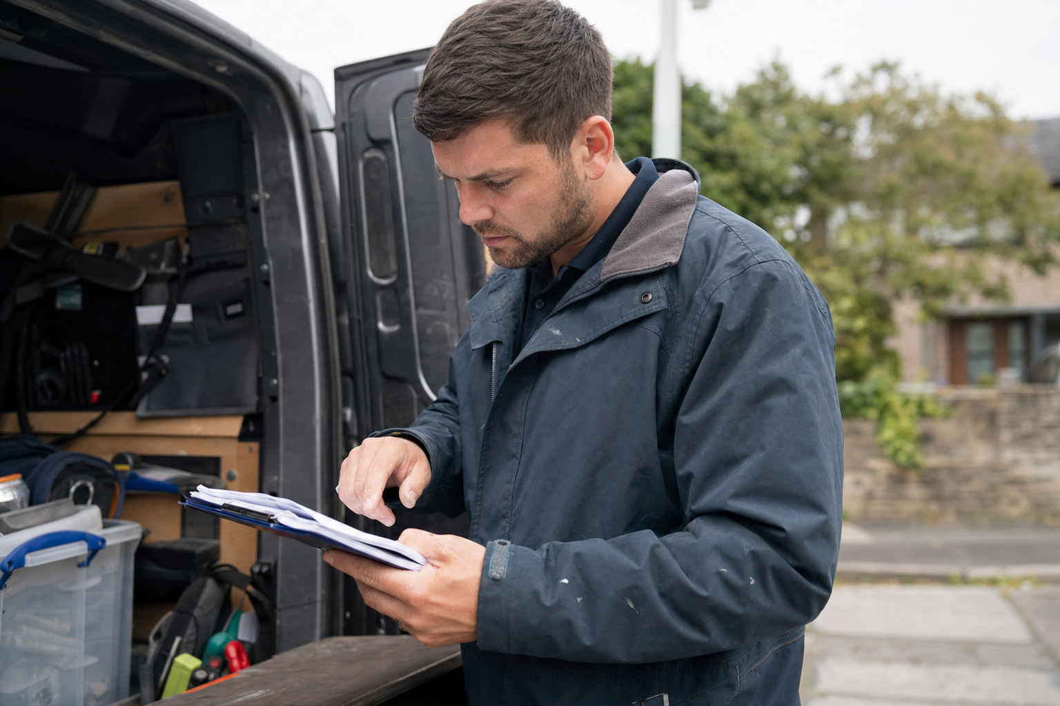 Service business tradesperson in work uniform reviewing job paperwork at work van