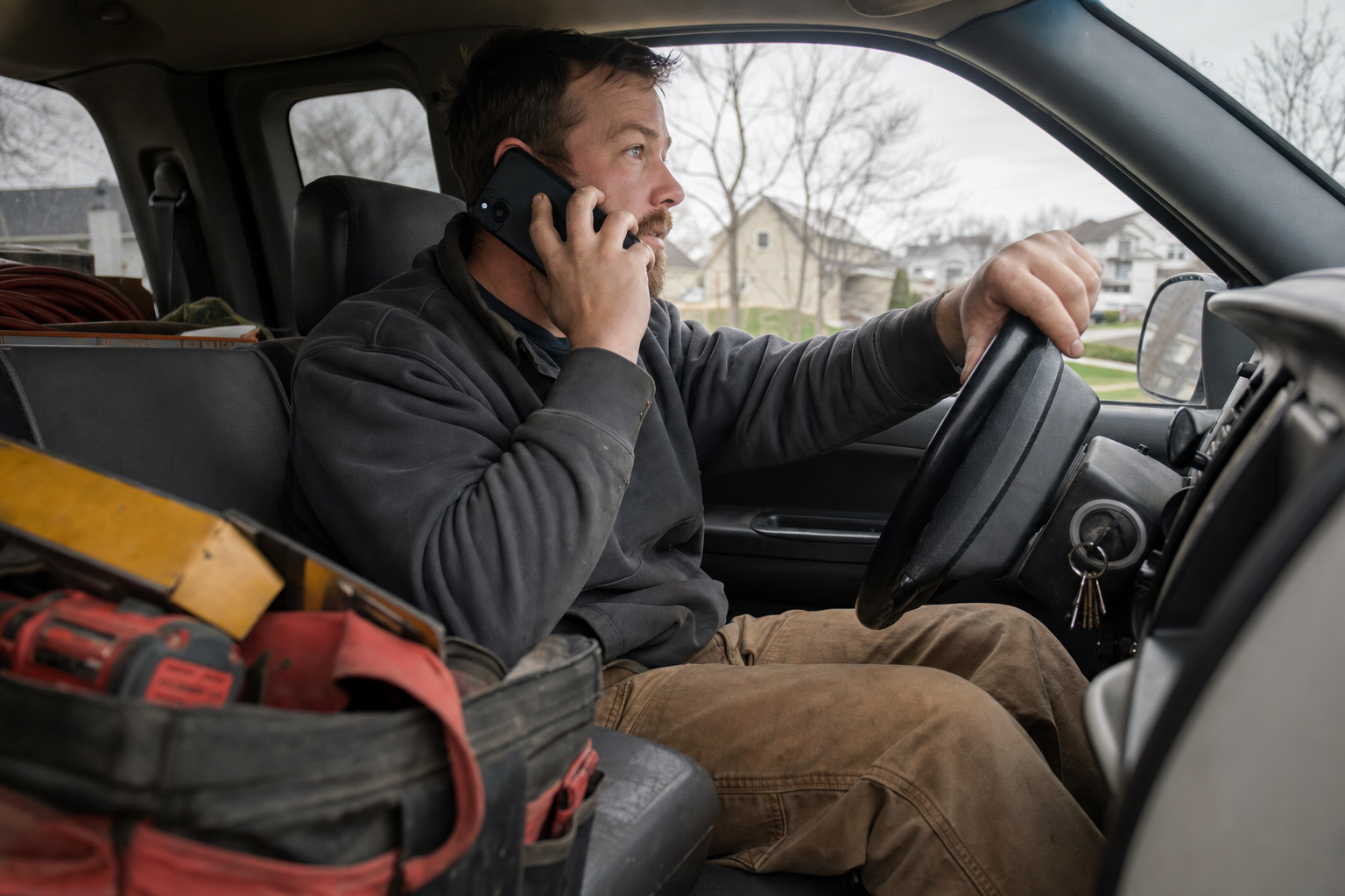 Service tradesperson calling a customer from their work truck between jobs