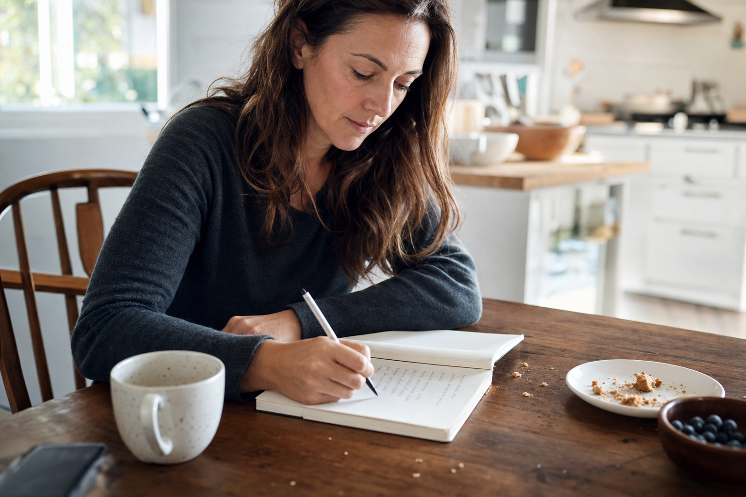 Business owner planning customer follow-up outreach with paper planner at kitchen table