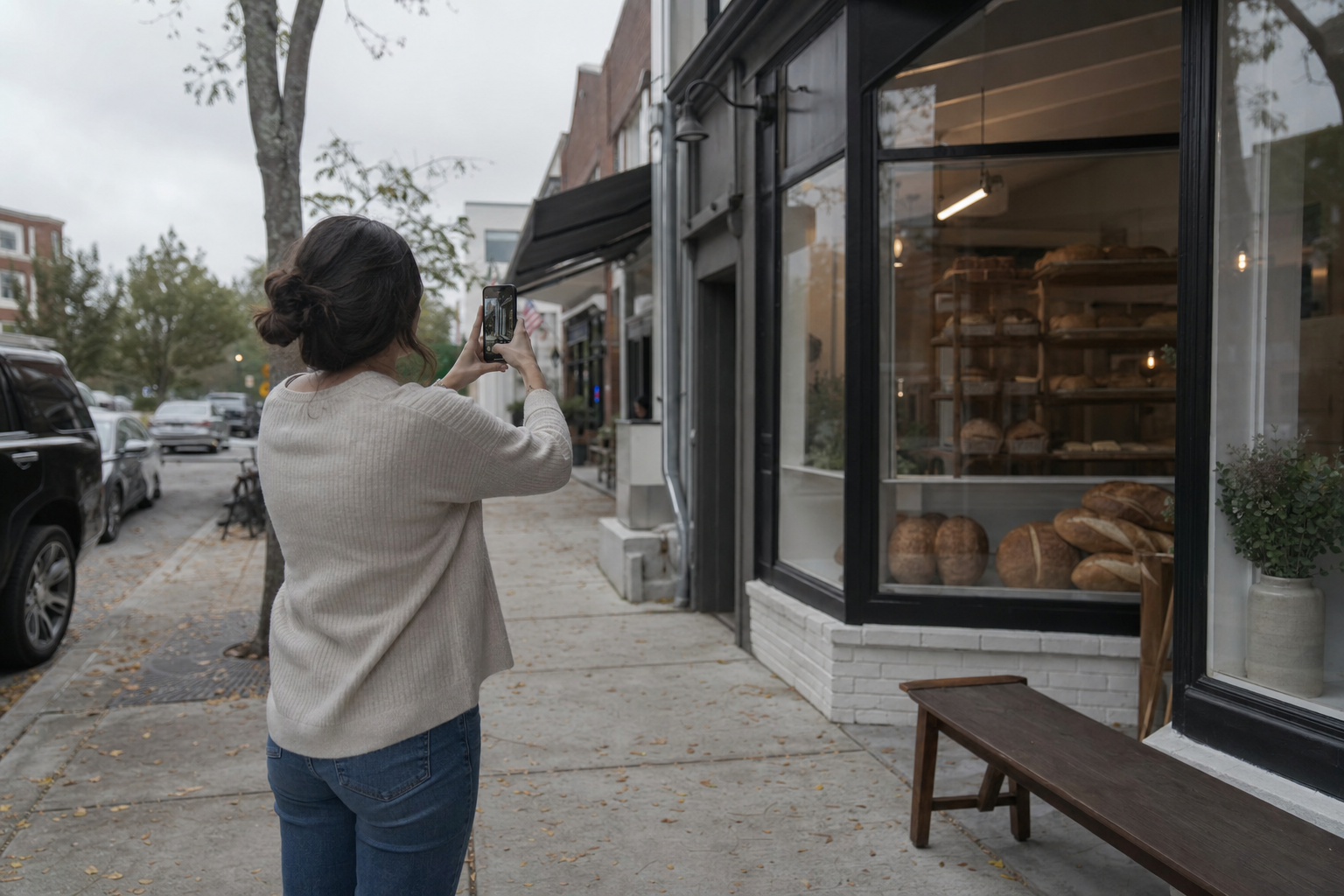Small business owner photographing their storefront for Google Business Profile