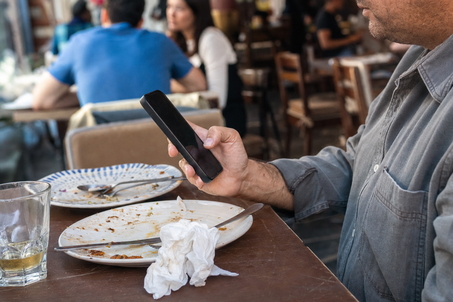 Customer typing a Google review on their phone after a restaurant visit