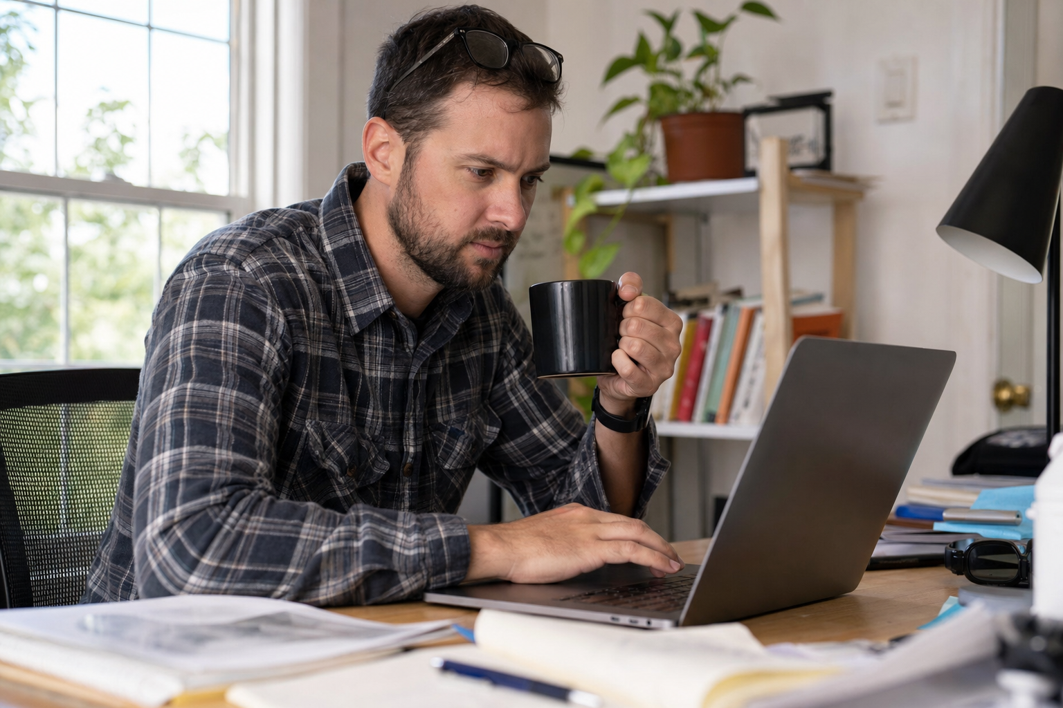 Business owner reviewing marketing analytics and reports on laptop at home office desk