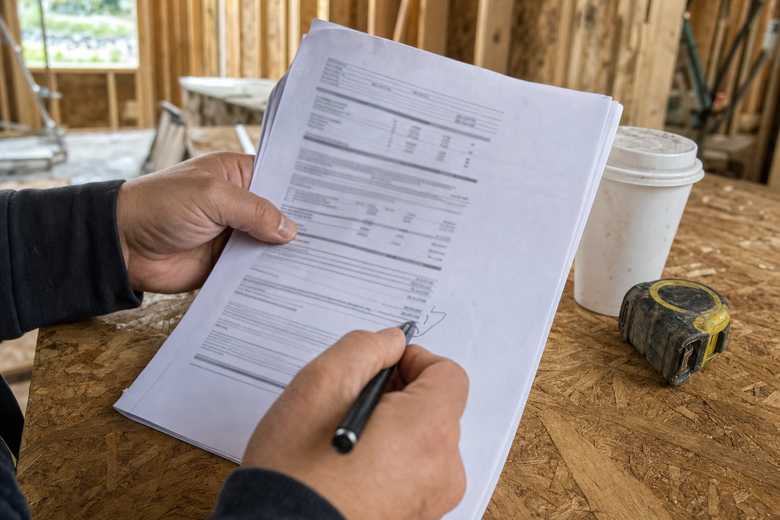 Hands reviewing change order paperwork at a Las Vegas construction site, pen underlining a cost line item