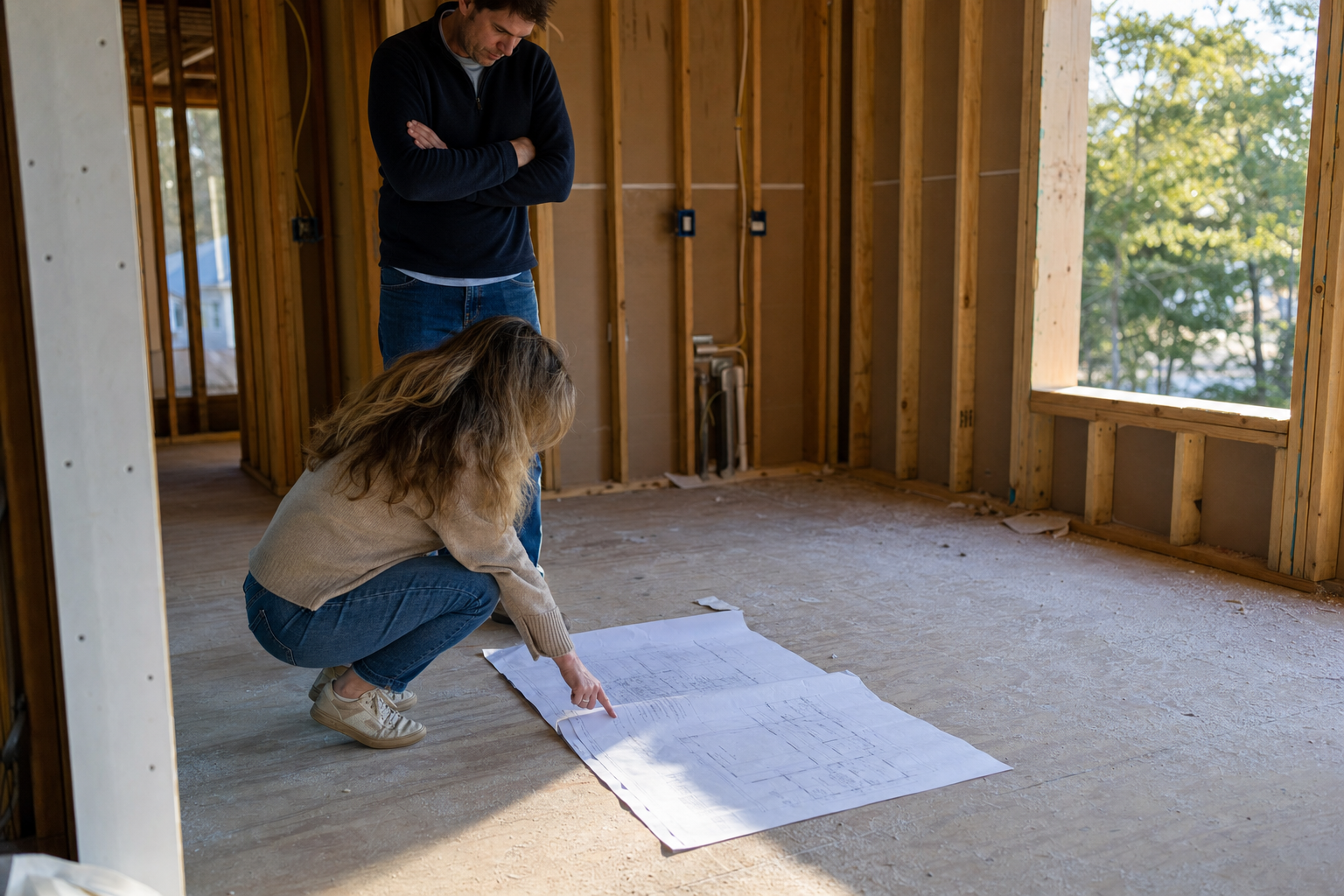 Homeowner couple reviewing floor plan changes in an unfinished Las Vegas custom home during construction