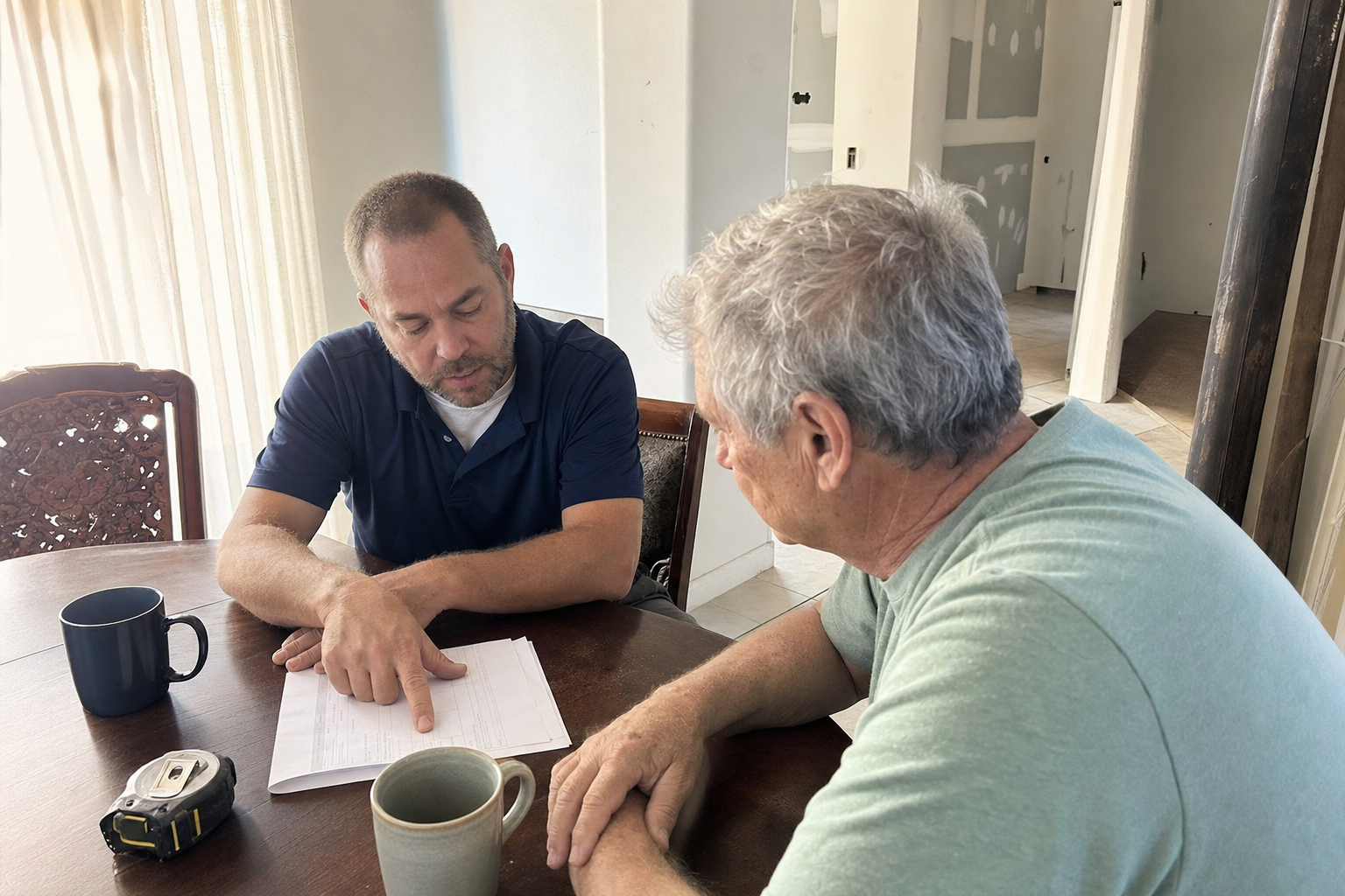 Contractor and homeowner reviewing a detailed remodel estimate at a kitchen table in a partially-renovated Henderson NV home