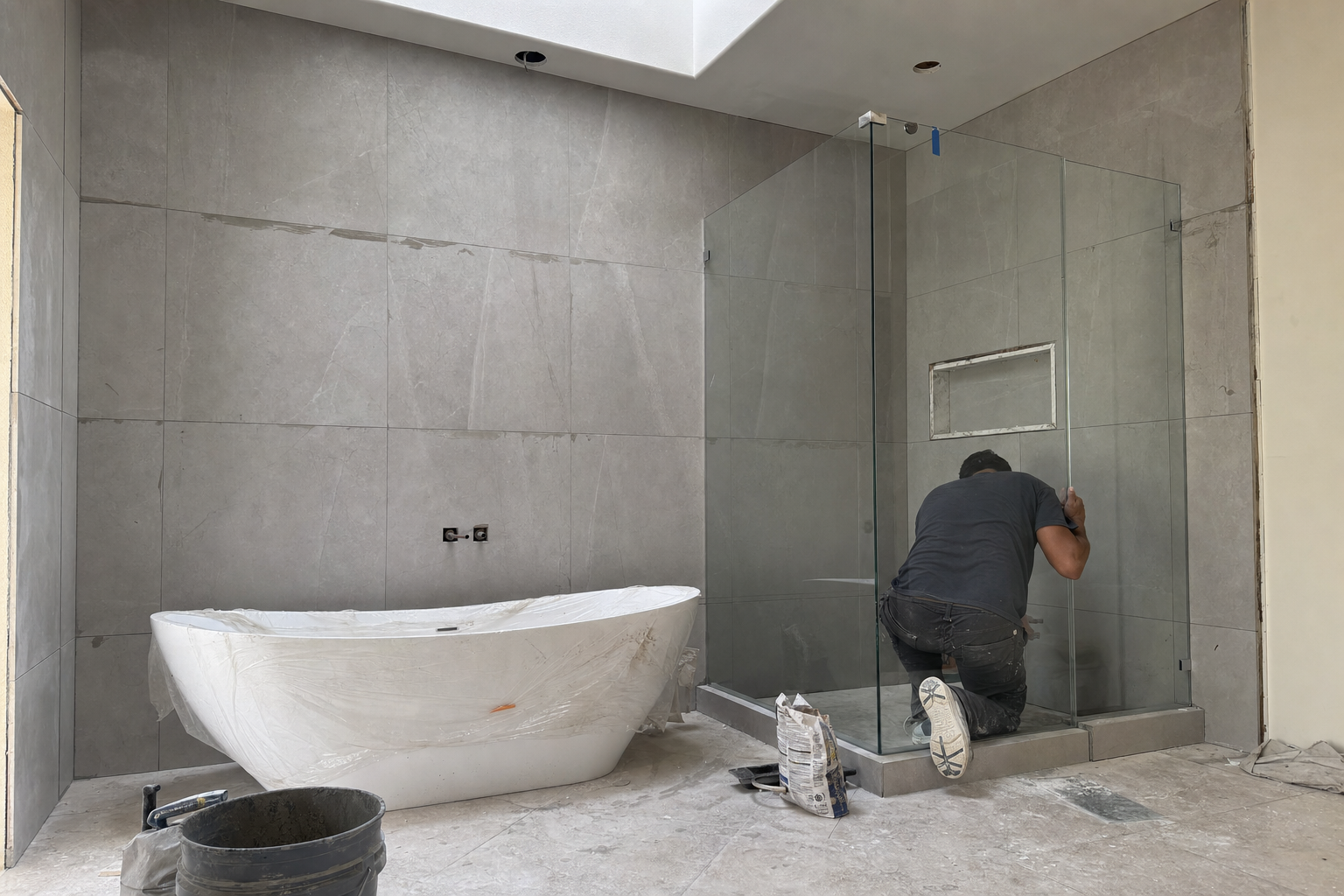 High-end primary bathroom remodel in Henderson NV nearing completion, with large format tile and frameless shower enclosure being installed