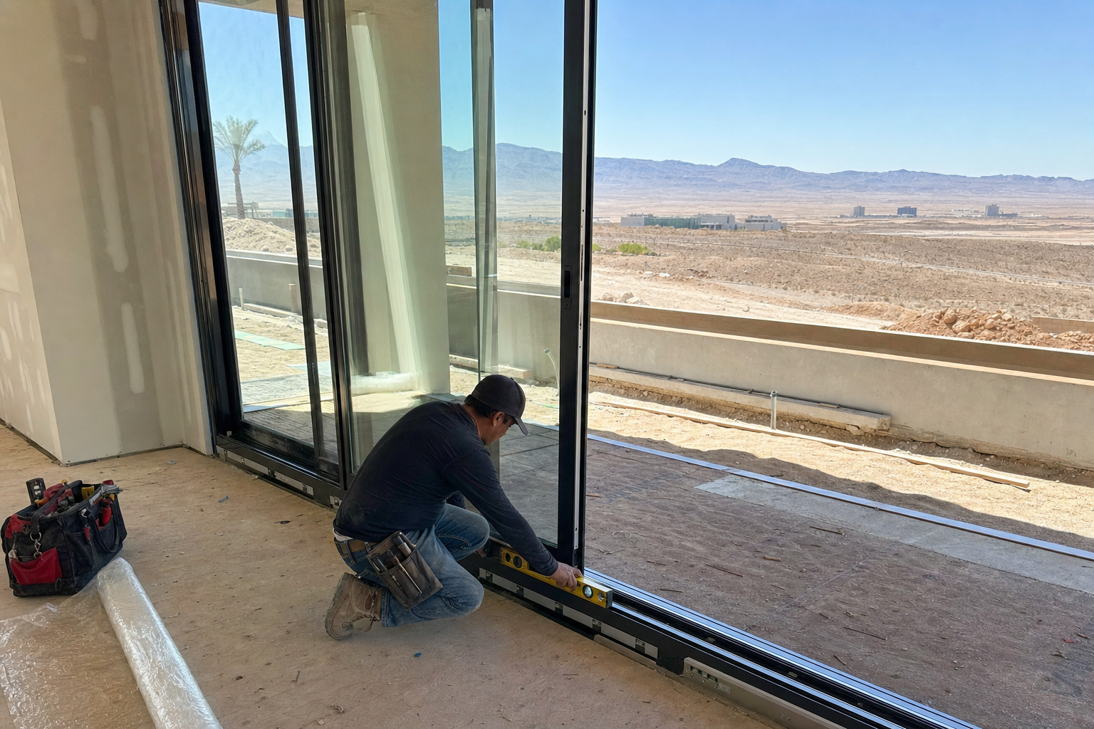 Large lift-and-slide glass door system being installed in a Las Vegas luxury custom home, showing the aluminum track and frame hardware