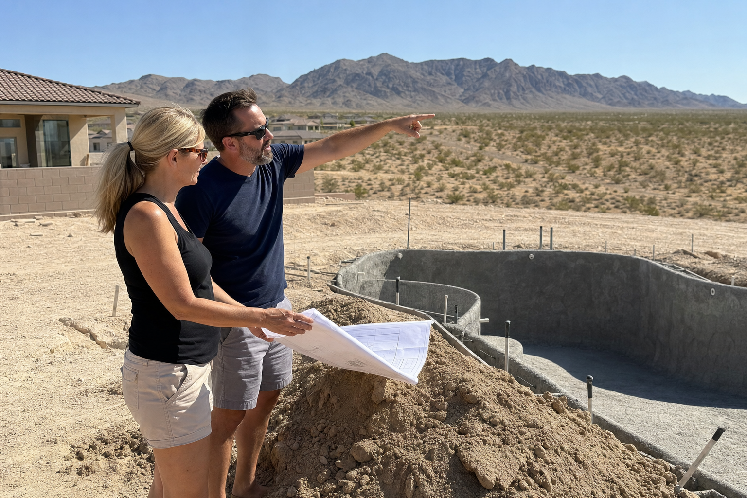 Homeowner couple planning pool and patio orientation at their Las Vegas custom home construction site, reviewing site plans