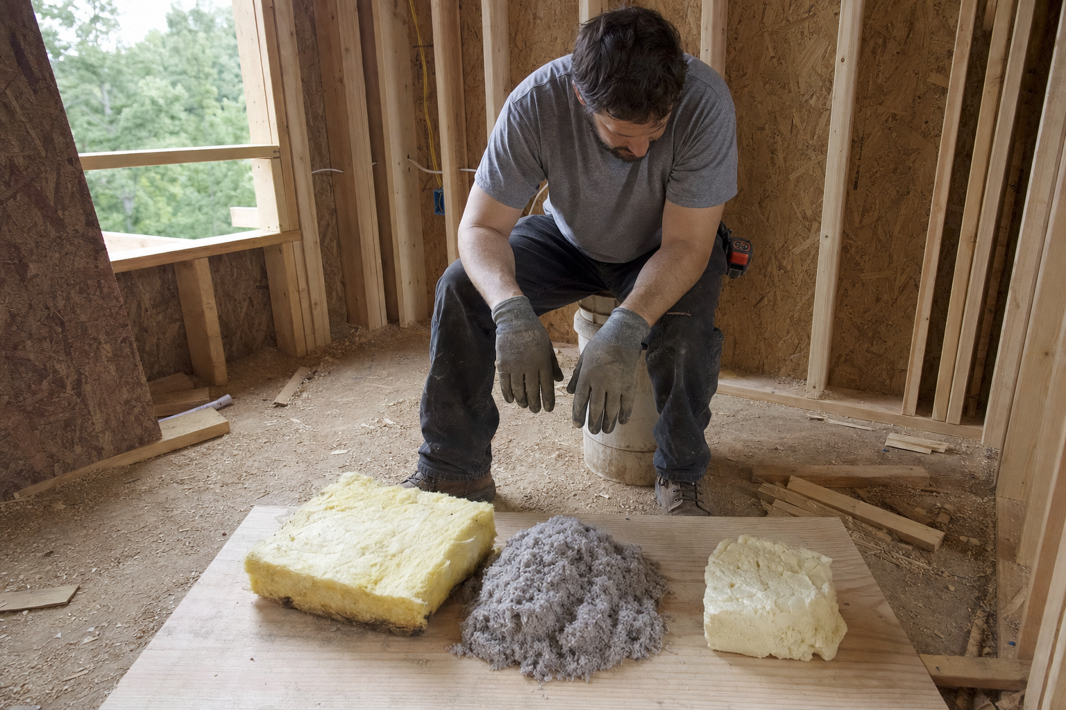 Construction worker comparing spray foam, cellulose, and fiberglass batt insulation samples at a Henderson NV job site