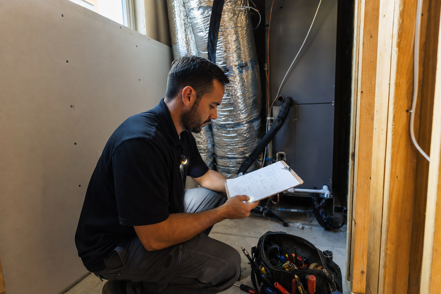 HVAC technician reviewing load calculations in the mechanical room of a Henderson NV custom home under construction