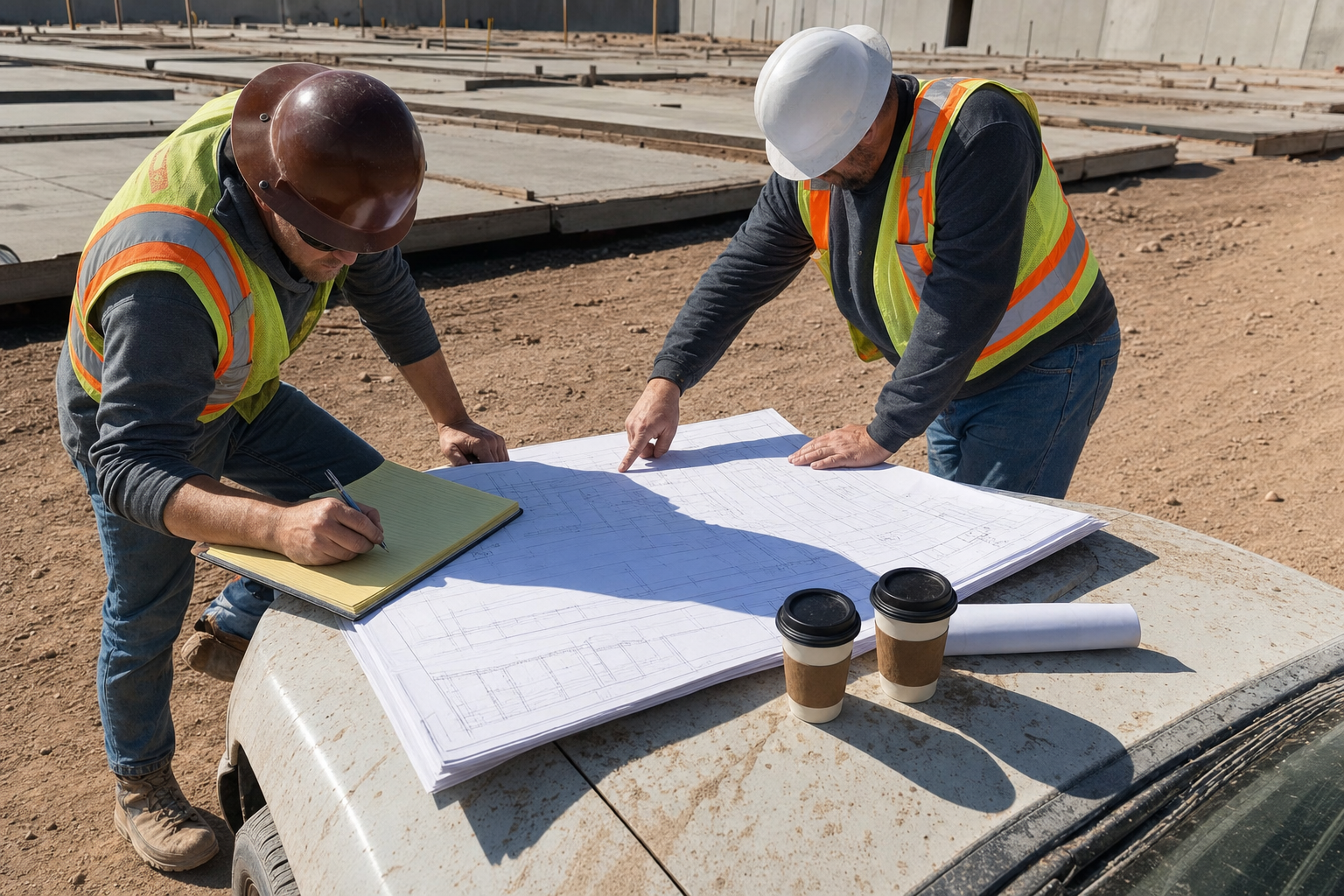 Two engineers reviewing tilt-up panel shop drawings on a pickup truck hood at a Phoenix AZ construction site