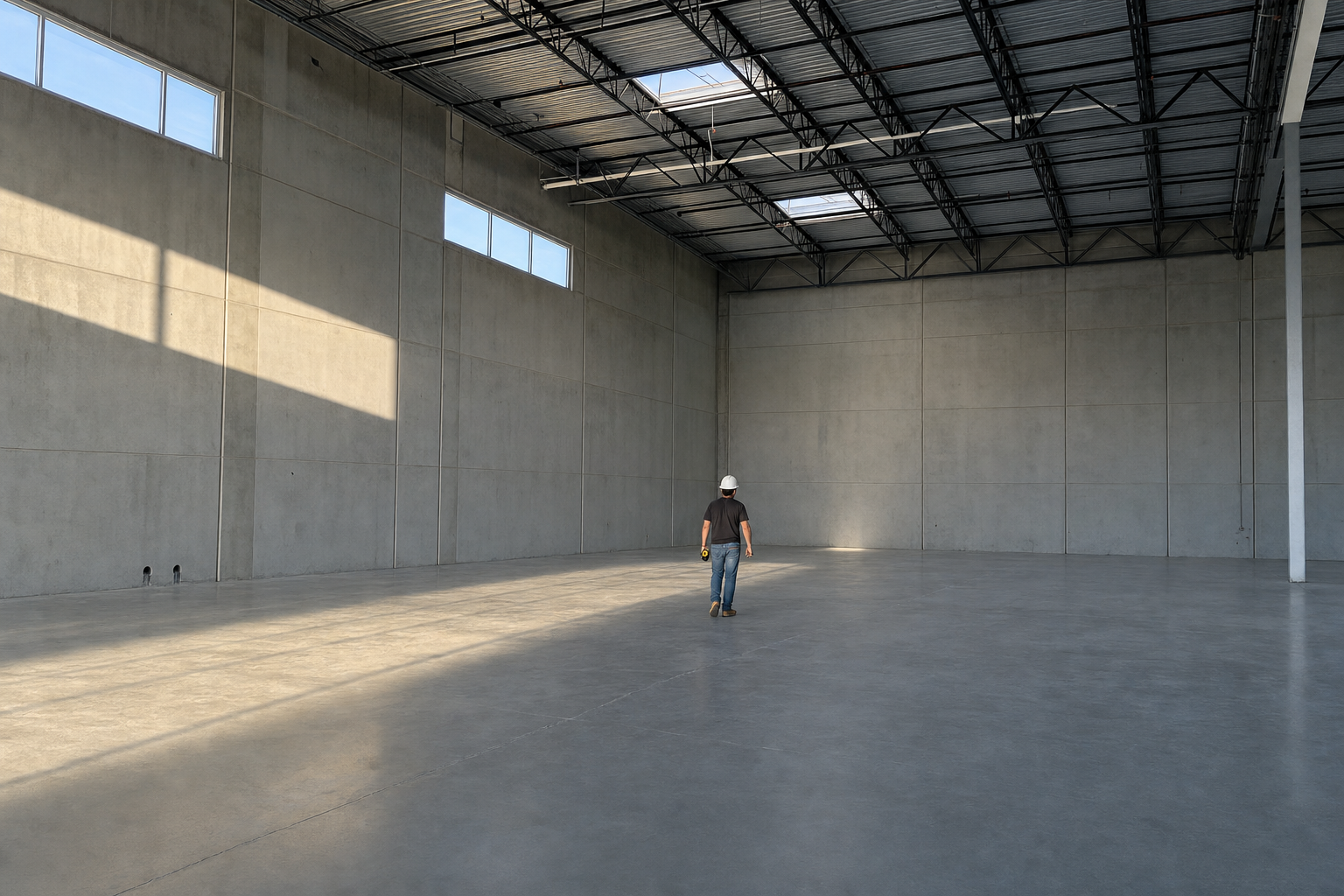Interior of a newly completed tilt-up commercial warehouse in Phoenix AZ with concrete wall panels and exposed steel roof joists
