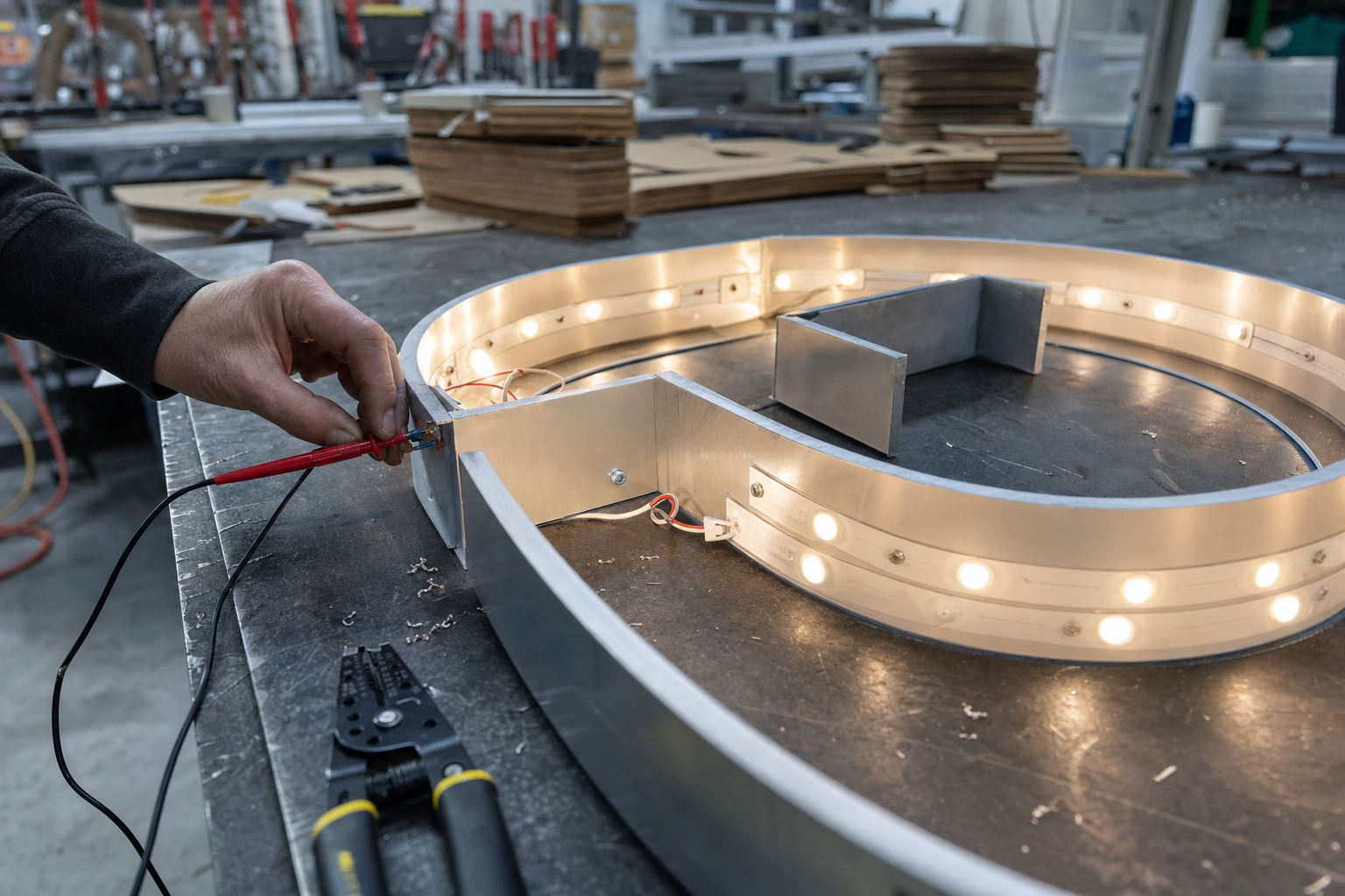 Interior of a channel letter showing LED strip modules and wiring in a sign fabrication shop