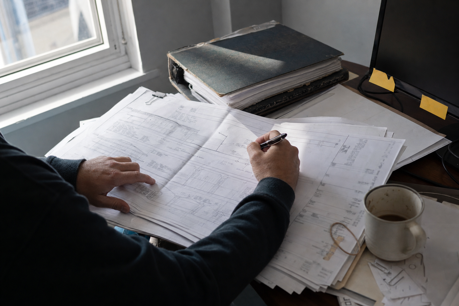 A person reviewing large-format permit application documents at a desk with a pen