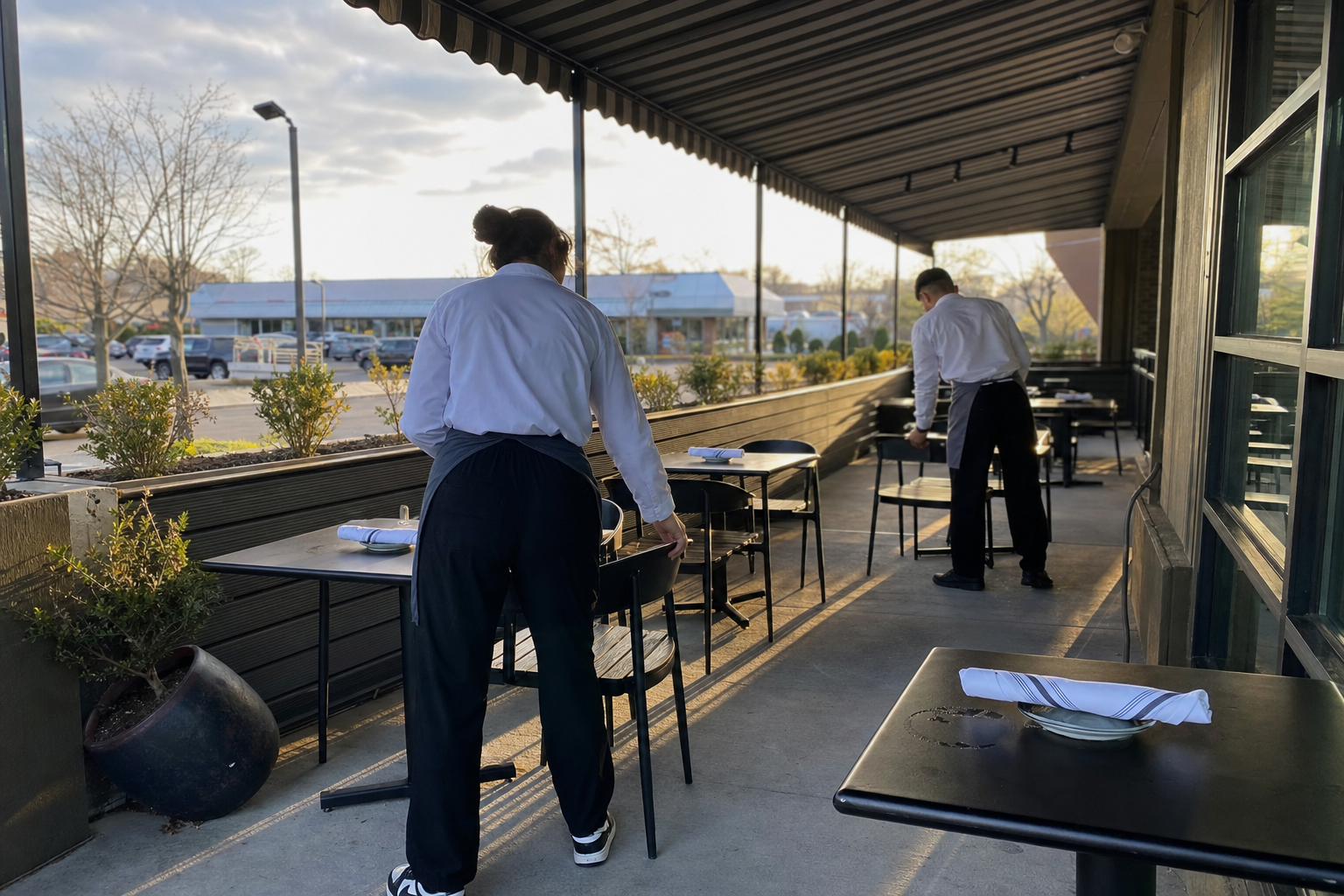 Outdoor restaurant patio under a finished commercial awning in Hauppauge NY, tables set for dinner service with two servers arranging chairs