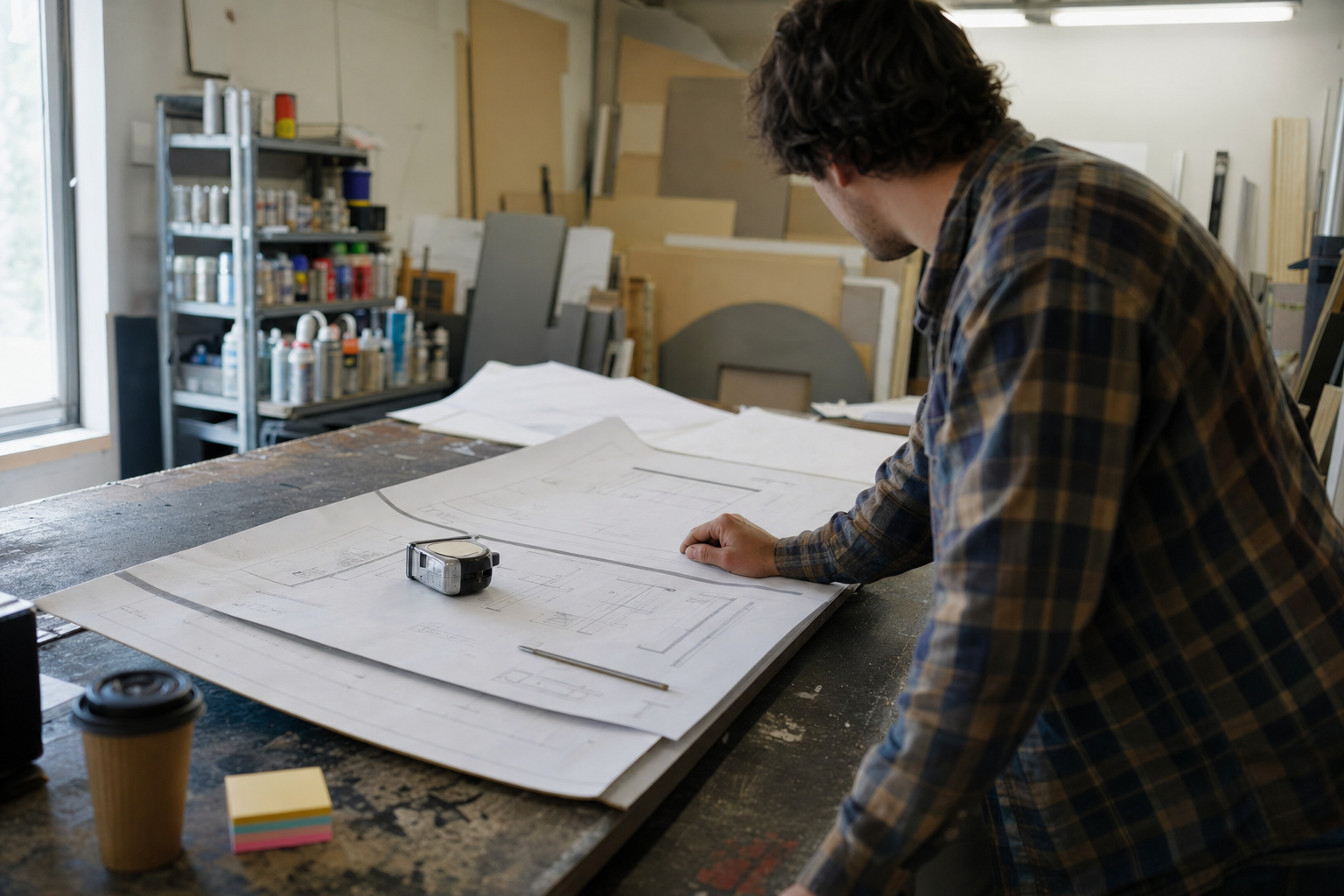 Sign fabrication shop interior showing technical permit drawings spread across a worktable with a fabricator reviewing specs