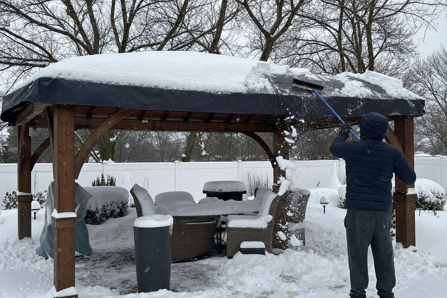 Heavy wet snow on a canvas pergola cover in a Long Island backyard after a nor'easter storm