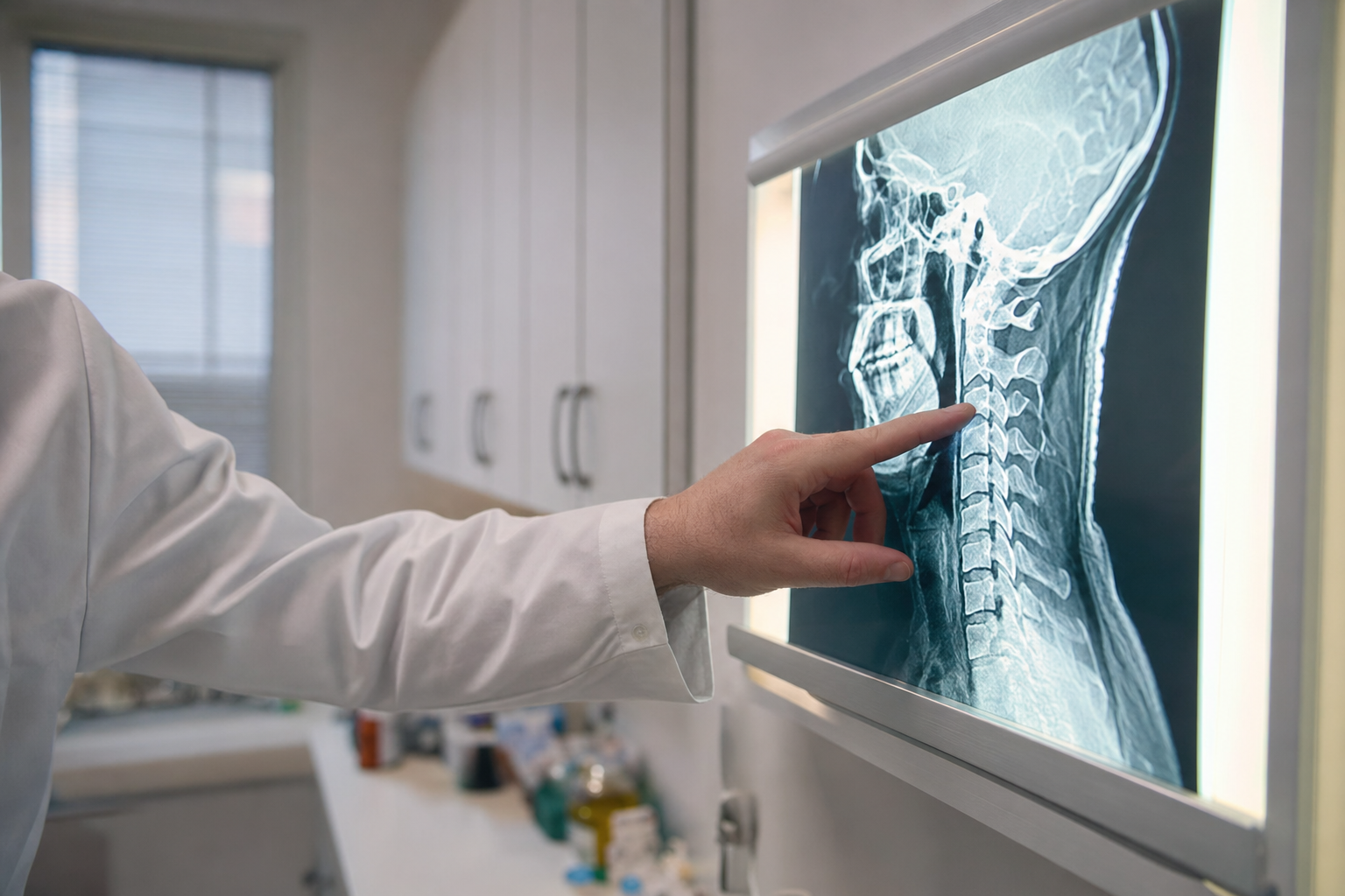 Physician pointing at a cervical spine X-ray on a lightbox in a clinical setting