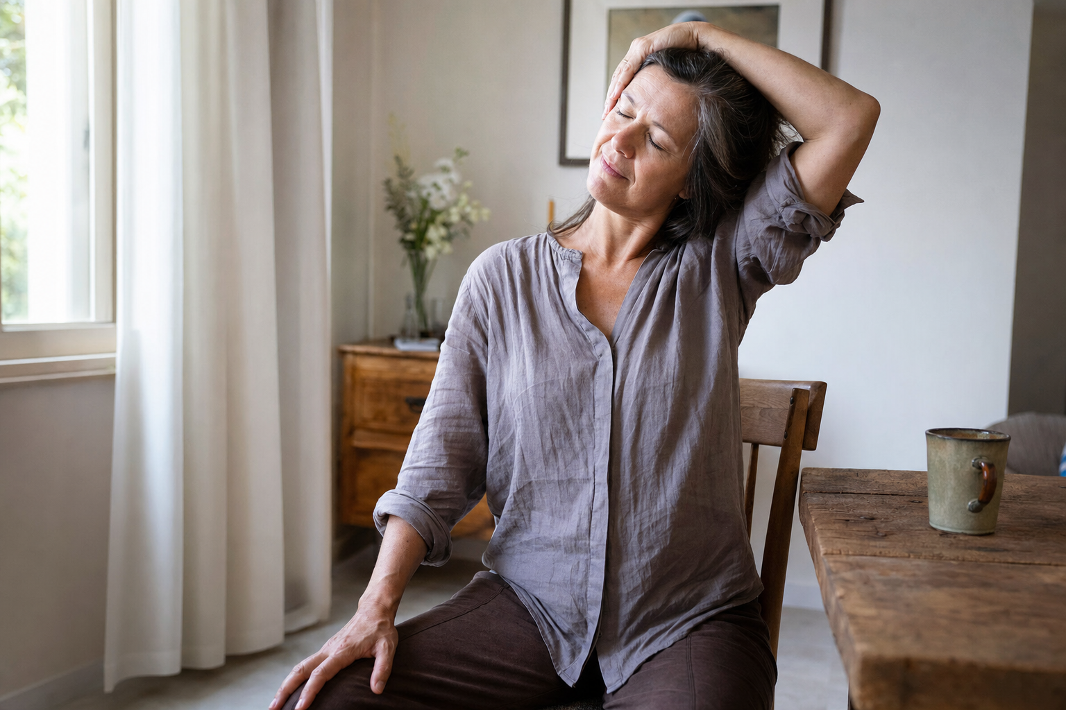 Woman doing a gentle neck stretch while seated at home, soft morning light