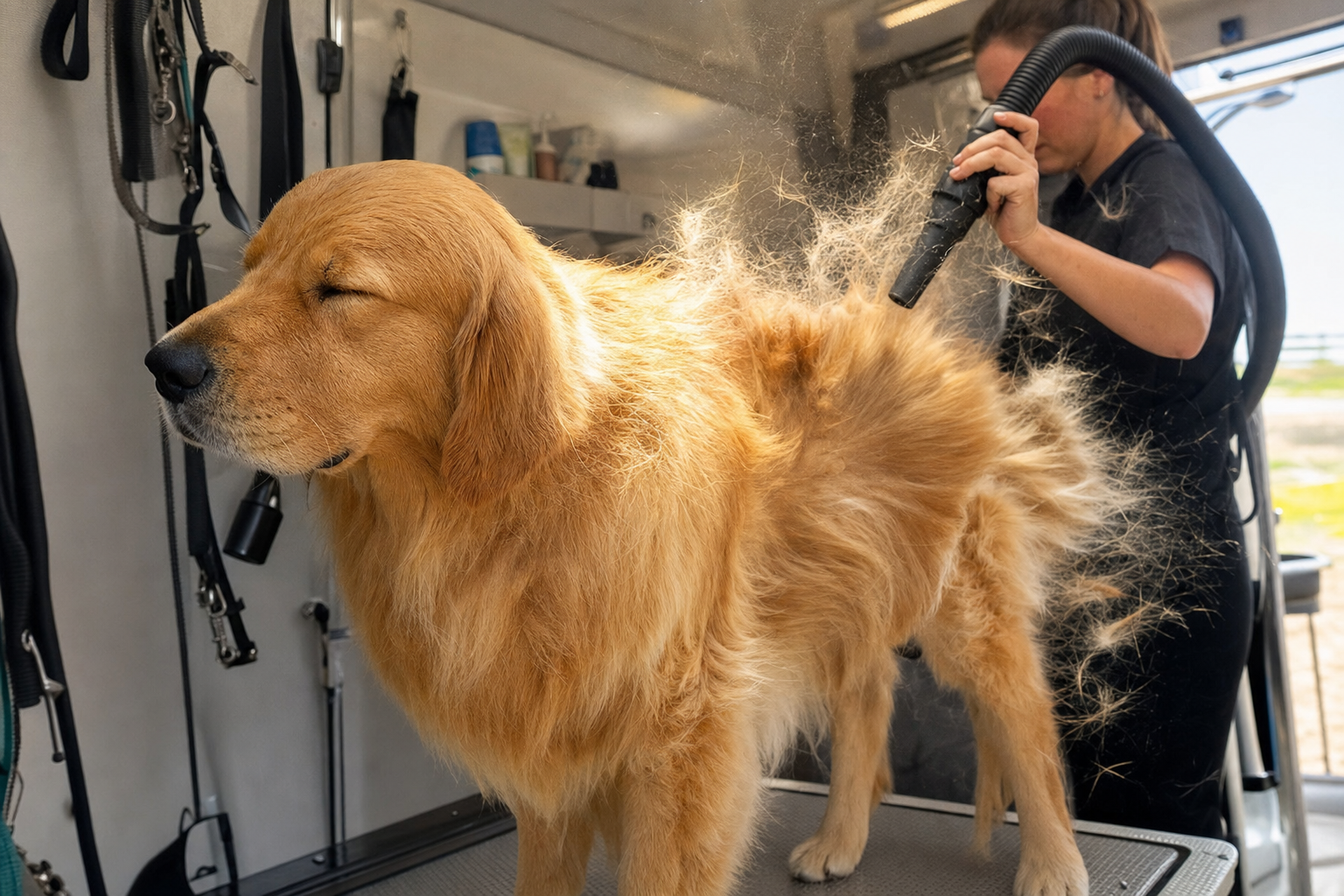 Groomer blow-drying a golden retriever inside a mobile grooming van, loose fur visible in the air